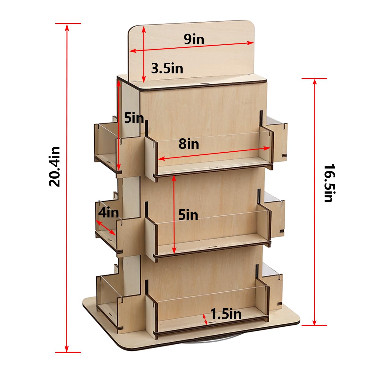 3-Tier Wooden Sticker Display Stand - 360° Rotating 4-Sided Sticker Holder for Retail Stores, Craft Fairs & Boutique Merchandising