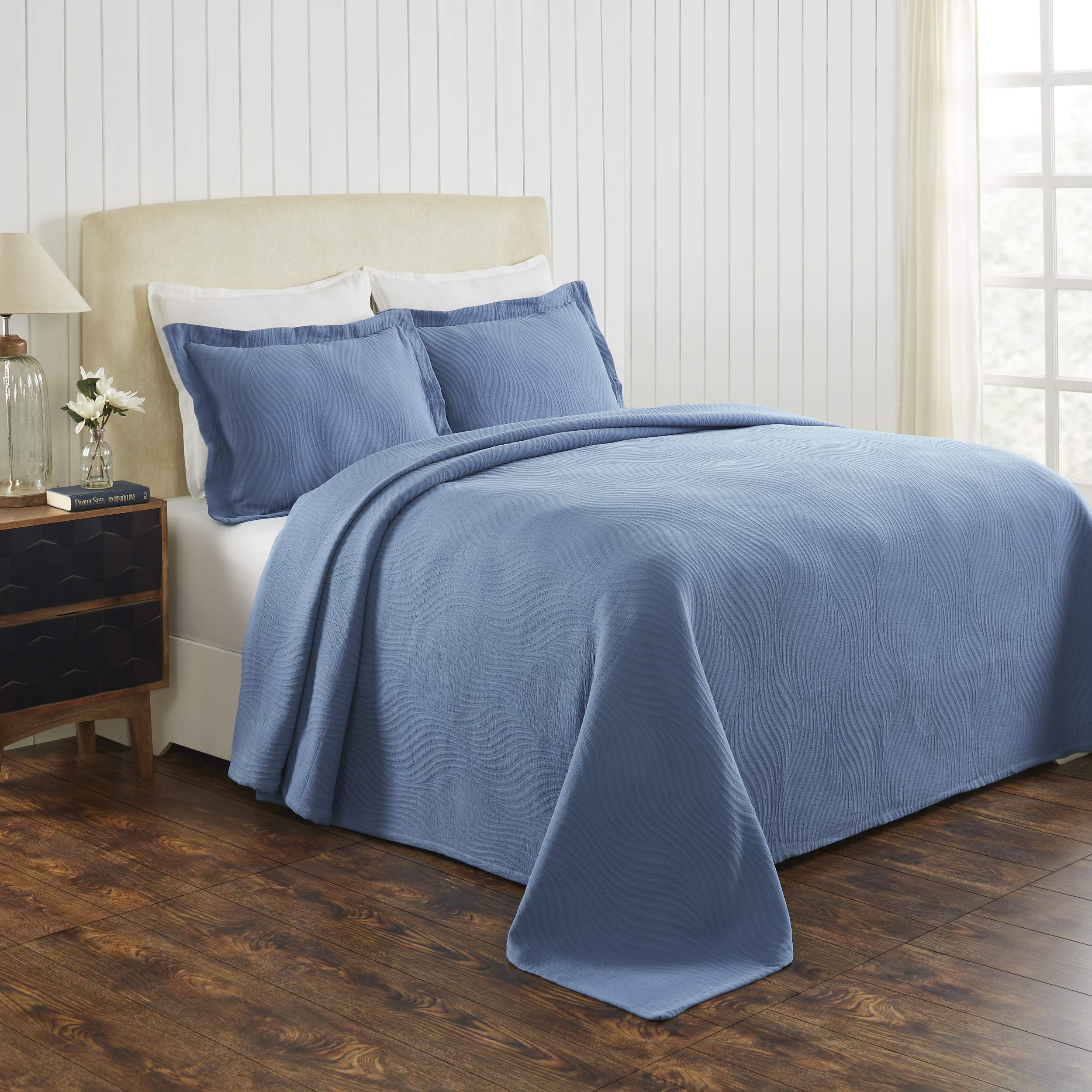 Premium 100% Cotton Basket Weave Bedspread Set with Shams - All-Season Jacquard Matelasse Bedding, Quilted Geometric Design - Queen Size, Denim Blue - Perfect for Master Bedroom, Guest Room & Cozy Home Decor