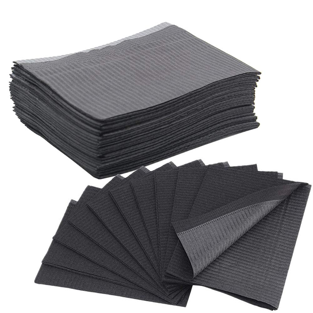 Premium Black Dental Bibs & Tongue Depressors Set - 50 Lap Cloths, 50 Depressors, 500 Ink Cups for Dental Clinics & Medical Offices - Ideal for Patient Exams, Procedures & Hygienist Workstations