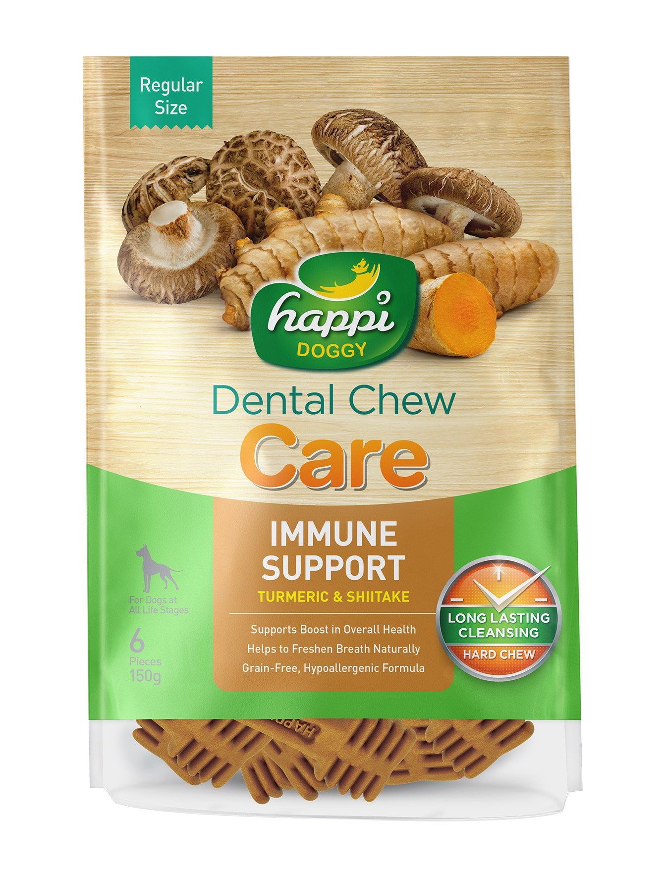 Happi Doggy Dental Chew Care - Turmeric & Shitake Immune Support for Dogs - 150g (2 Sizes) - Promotes Oral Health & Boosts Immunity - Perfect for Daily Dental Care & Immune System Support