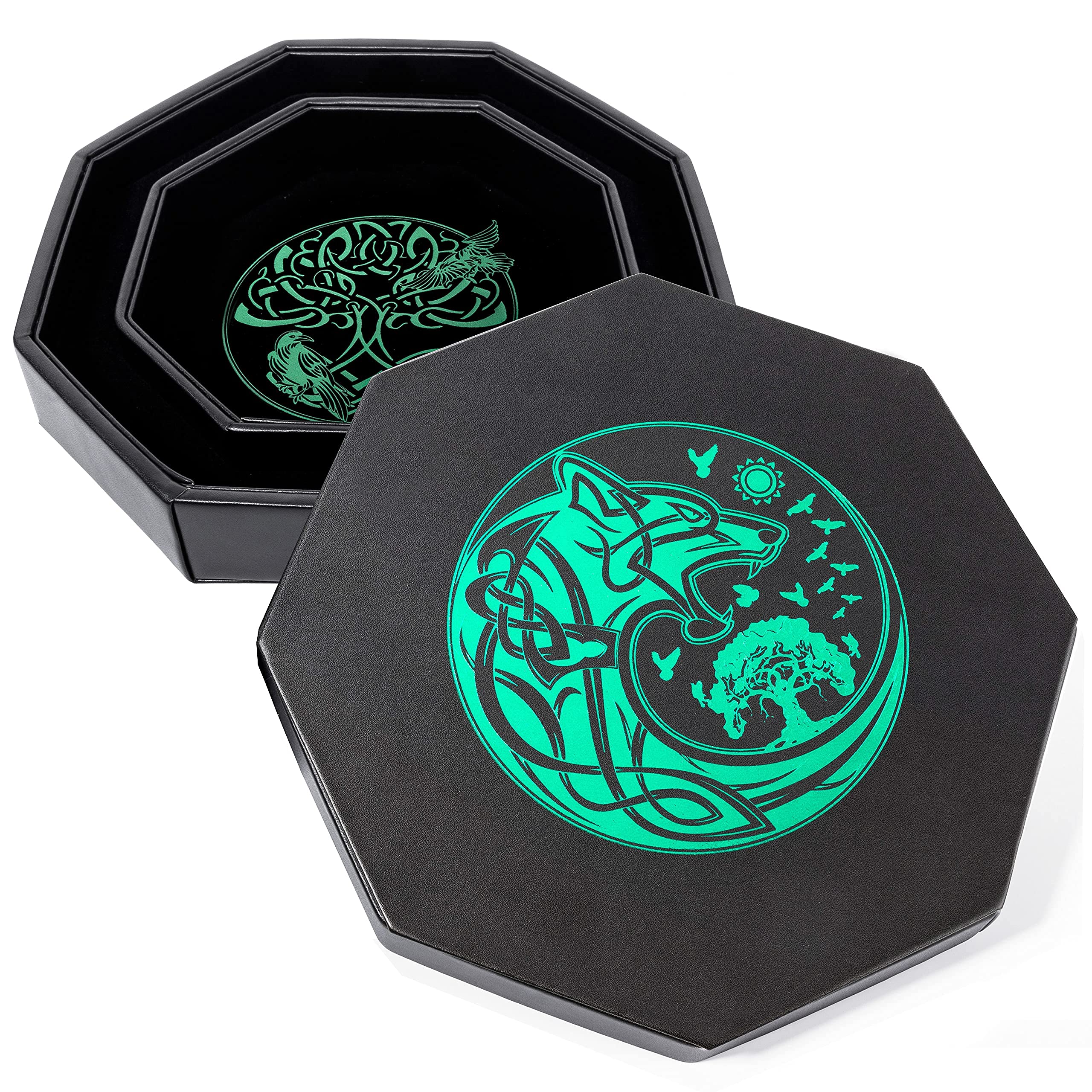 Premium 8 Inch DND Dice Tray for Dungeons & Dragons - Exquisite Green World Tree & Wolf Raven Design Dice Rolling Tray with Storage Box - Perfect for D&D, RPG Games, Tabletop Gaming & Dice Protection