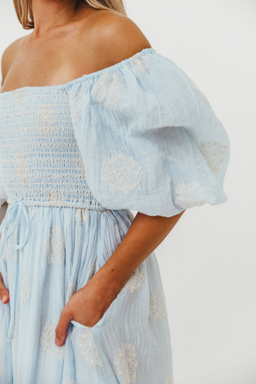 Aimee Women's Blue Floral Smocked Embroidered Midi Dress - Perfect for Summer Weddings, Garden Parties & Casual Outings