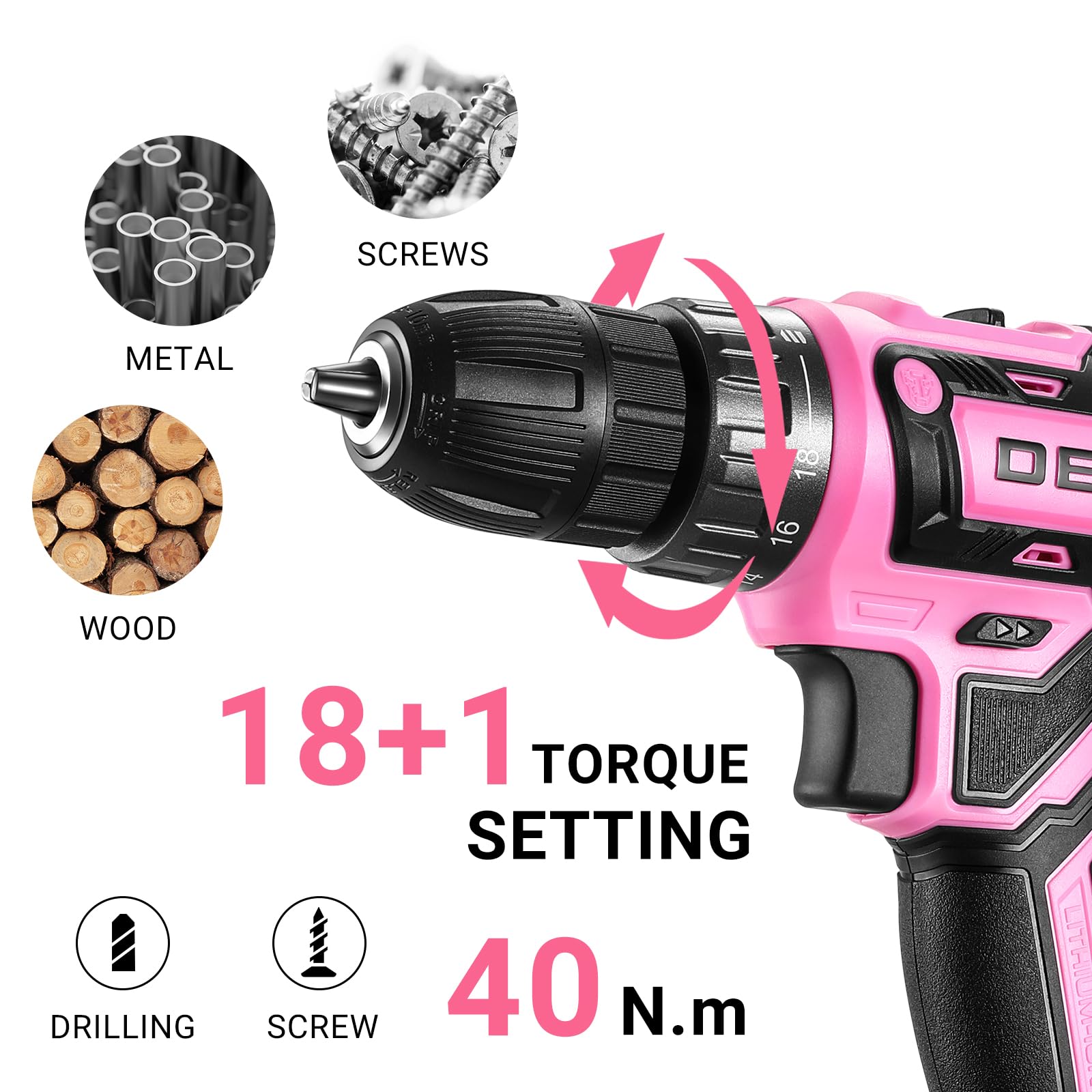 DEKO PRO 20V Pink Cordless Drill Set - Electric Power Drill Driver Kit with Battery & Charger | Lightweight & Ergonomic Design for Women | Perfect for DIY Projects, Home Repairs & Woodworking