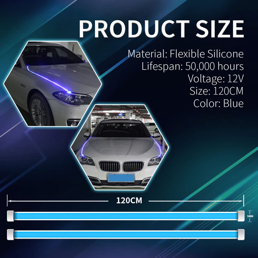 Teguangmei 47.2 Inch (120cm) Flexible Waterproof LED Car Hood Light Bar - Blue Daytime Running Light for SUV, Truck, and Universal 12V Vehicles | Perfect for Night Driving, Off-Roading & Car Decoration