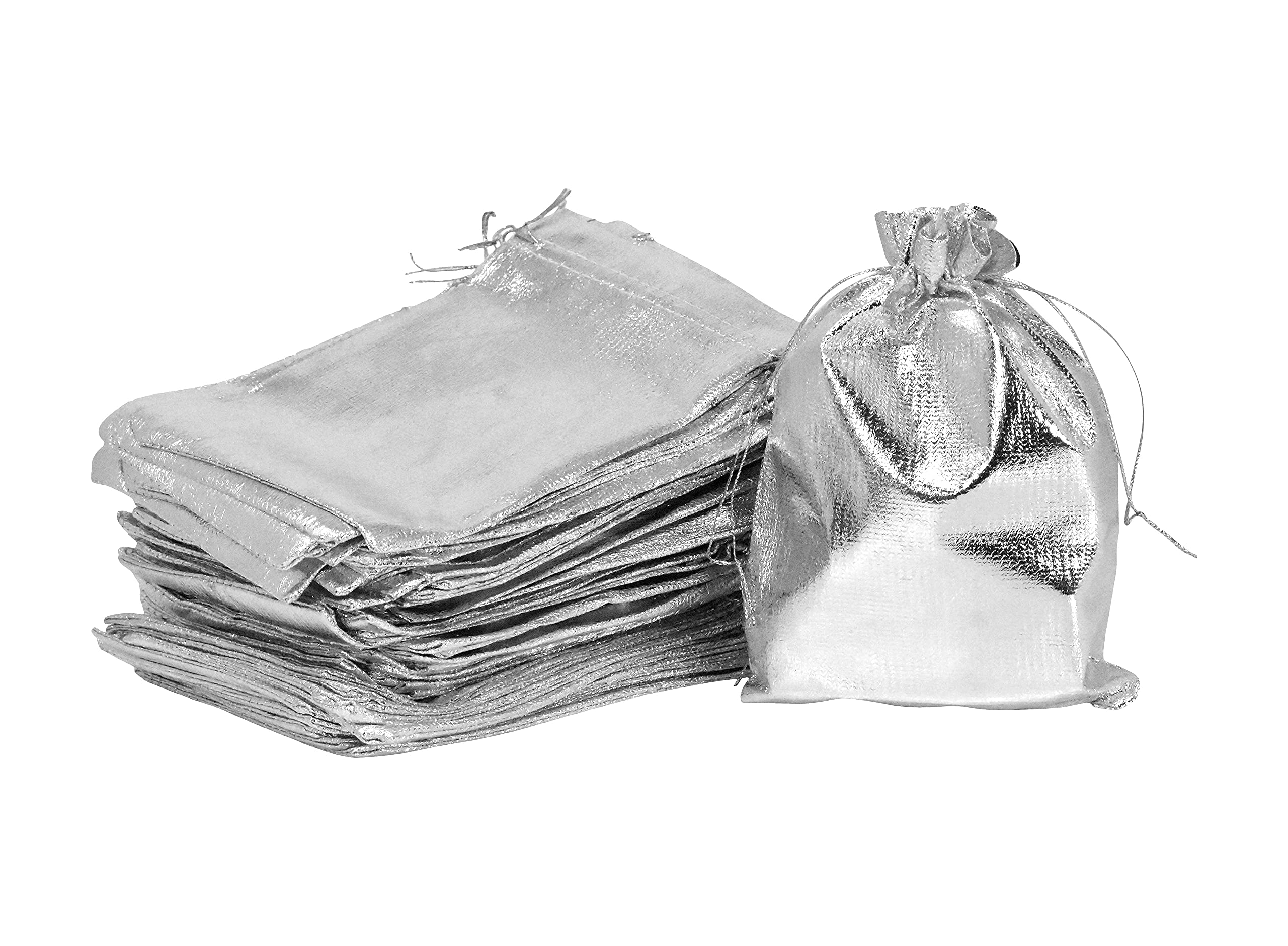100 Pack 5x7 Inch Metallic Silver Drawstring Bags - Small Jewelry Gift Pouches for Wedding Favors, Party Supplies & Bulk Packaging | Perfect for DIY Crafts, Bridal Shower Gifts & Event Giveaways