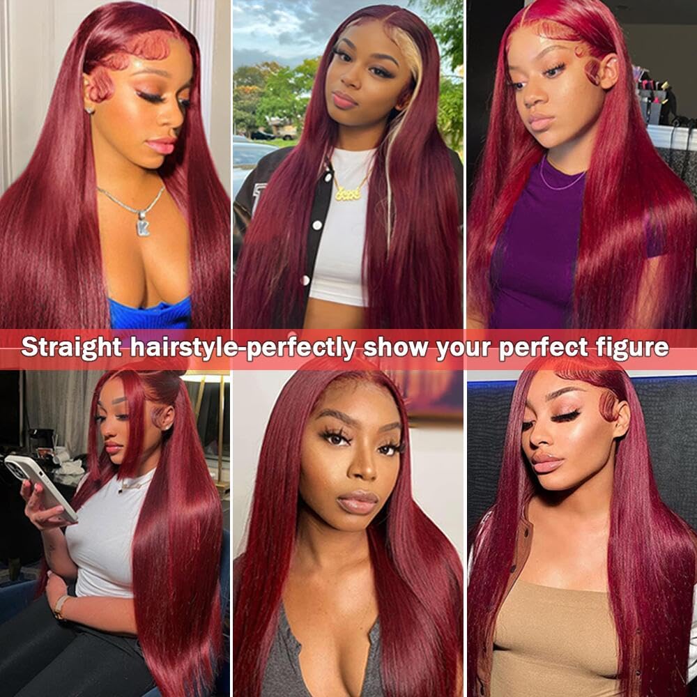 28 Inch Burgundy Lace Front Wig - 100% Human Hair with Baby Hair & Pre-Plucked Natural Hairline | 13x4 HD Frontal | 180 Density Virgin Hair | Perfect for Cosplay, Daily Wear & Special Occasions