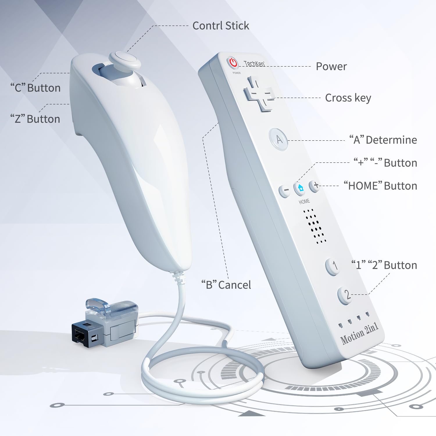 2 Sets TechKen Wii Remote Controller with Motion Plus & Nunchuck - Wireless Game Controller Replacement for Nintendo Wii (White) - Perfect for Family Gaming & Party Entertainment