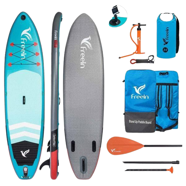 Freein 11' Explorer Inflatable Stand Up Paddle Board with Dual Action Pump & Camera Mount - Light Blue SUP Package for Lakes, Rivers & Ocean Paddling