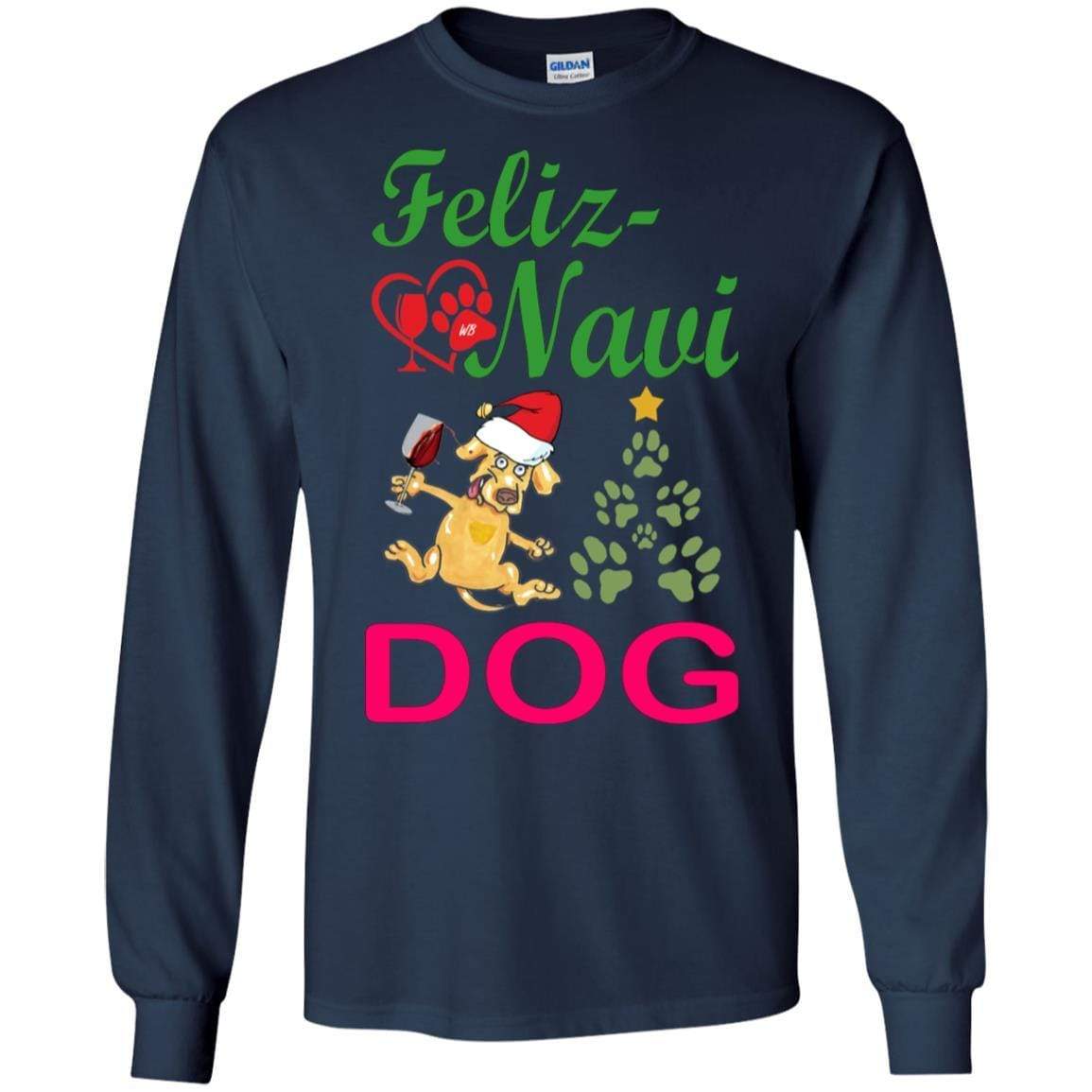 Feliz Navi Dog Christmas Long Sleeve T-Shirt - Ultra Soft Cotton Green & Red Holiday Shirt for Pet Lovers - Perfect for Xmas Parties & Gifts