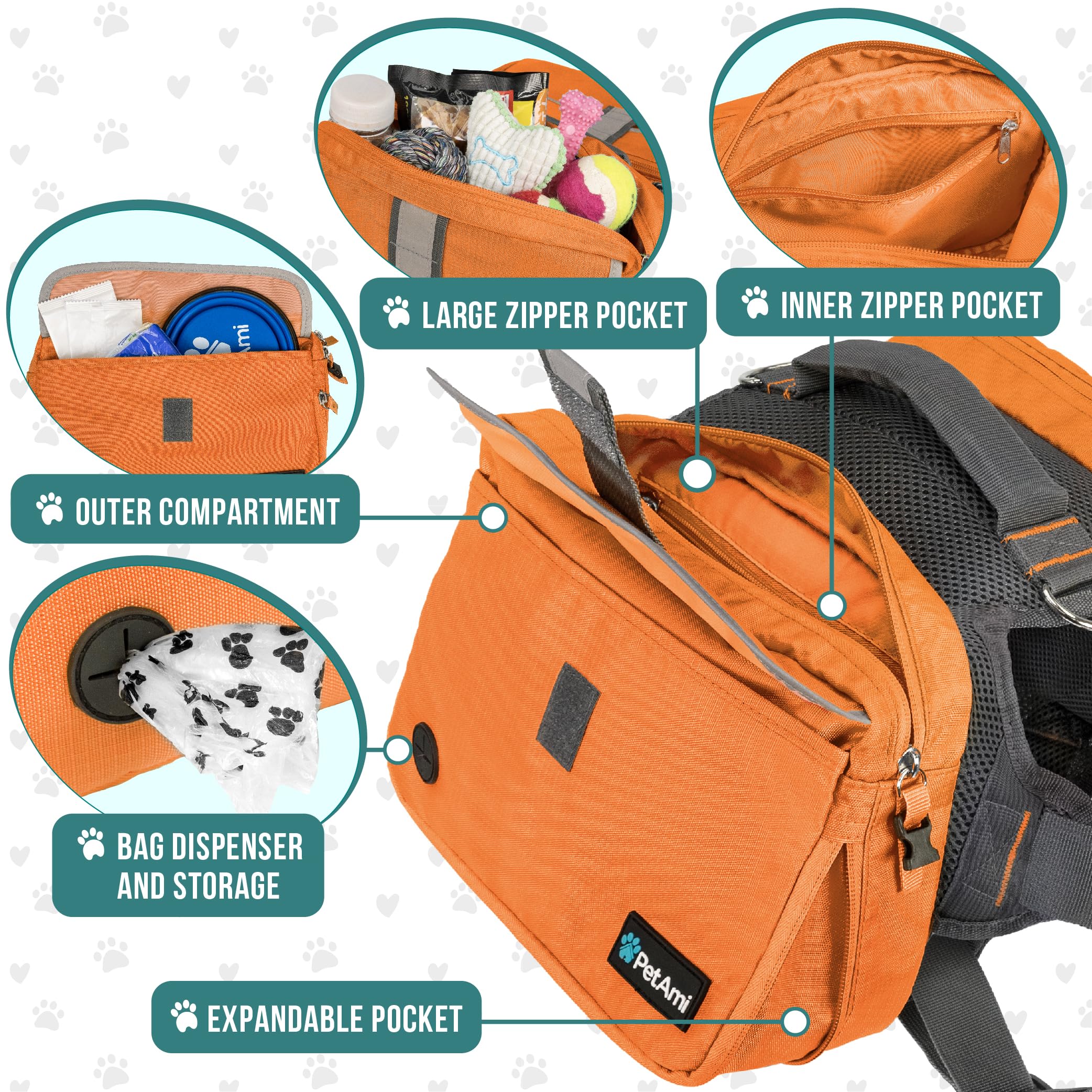 PetAmi Dog Backpack for Medium & Large Dogs - Adjustable Saddle Bag Carrier with Reflective Safety Pockets - Perfect for Hiking, Camping & Travel (Orange, Medium) - Ideal for Outdoor Adventures & Daily Walks