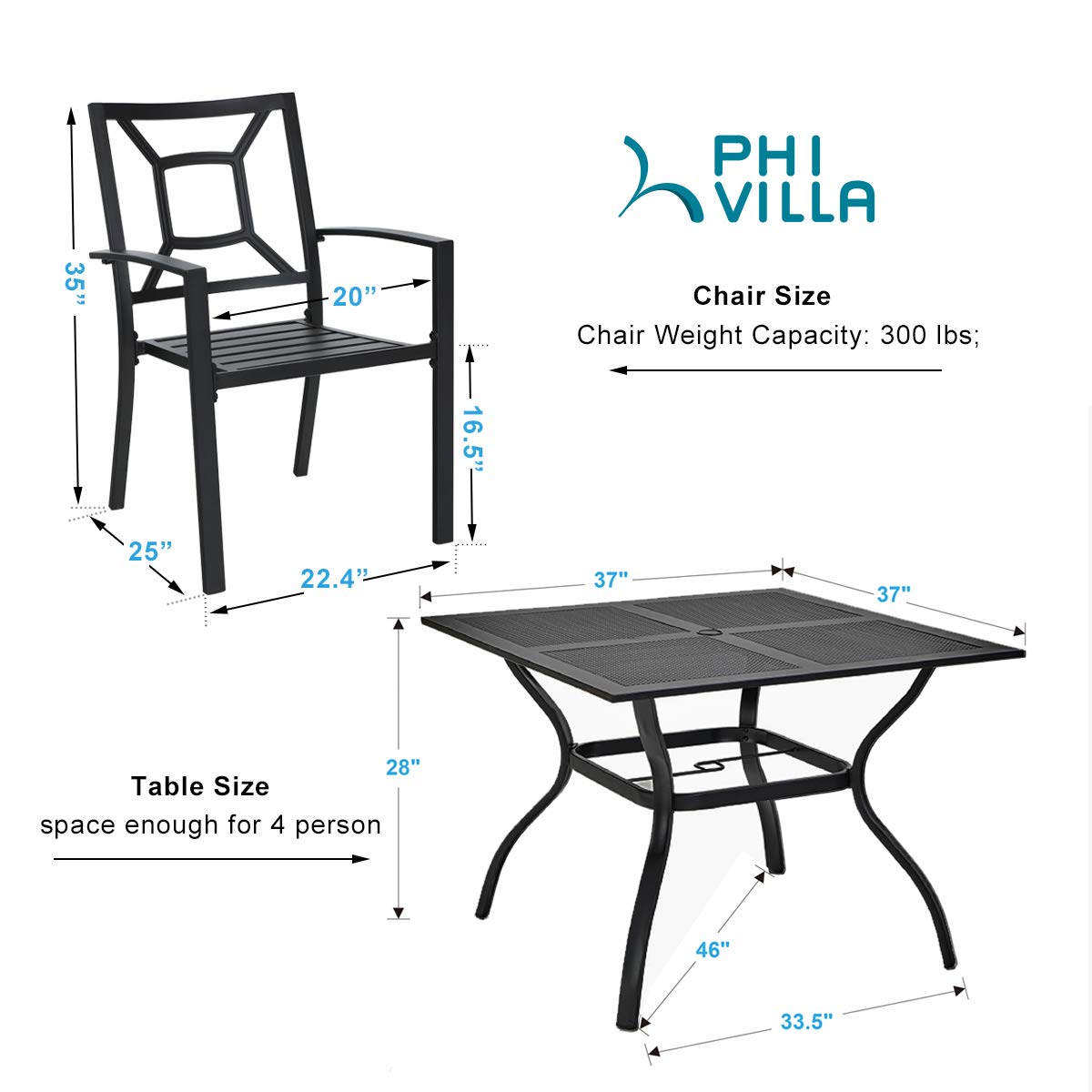 PHI VILLA 5-Piece Outdoor Dining Set with Square Metal Mesh Table & 4 Chairs - Patio Furniture with 1.57