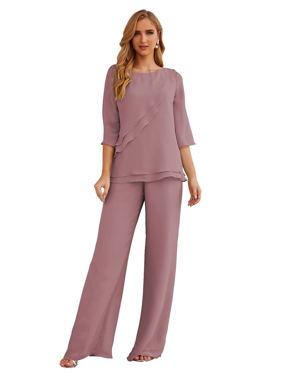 Elegant Women's Chiffon Half Sleeve 2-Piece Pant Suit Set - Mother of The Bride Outfit & Wedding Guest Dress for Special Occasions, Parties & Formal Events