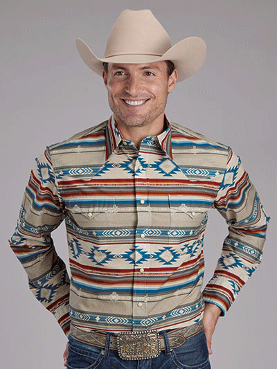 Roper Men's Long Sleeve Aztec Print Shirt - Brown Horizontal Pattern Casual Button-Up Shirt for Outdoor Activities, Parties, and Everyday Wear