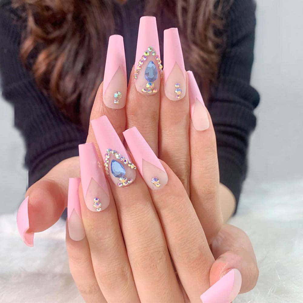 24pcs French False Nails with Blue Rhinestones - Long Ballet Fake Nails for Full Cover Manicure | DIY Nail Art Tools for Parties, Weddings & Special Occasions
