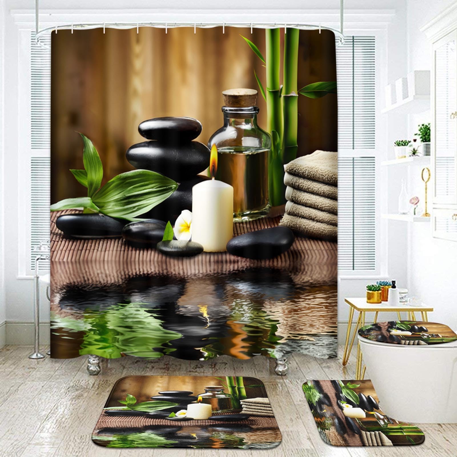 ArtSocket Spa Bamboo Bathroom Set - 4 Piece Shower Curtain, Rug & Accessories | Natural Oil Wood Massage Candle, Modern Water Bamboo Design in Tropical Green | Perfect for Bathroom Decor, Relaxing Spa Experience & Tropical Themed Home