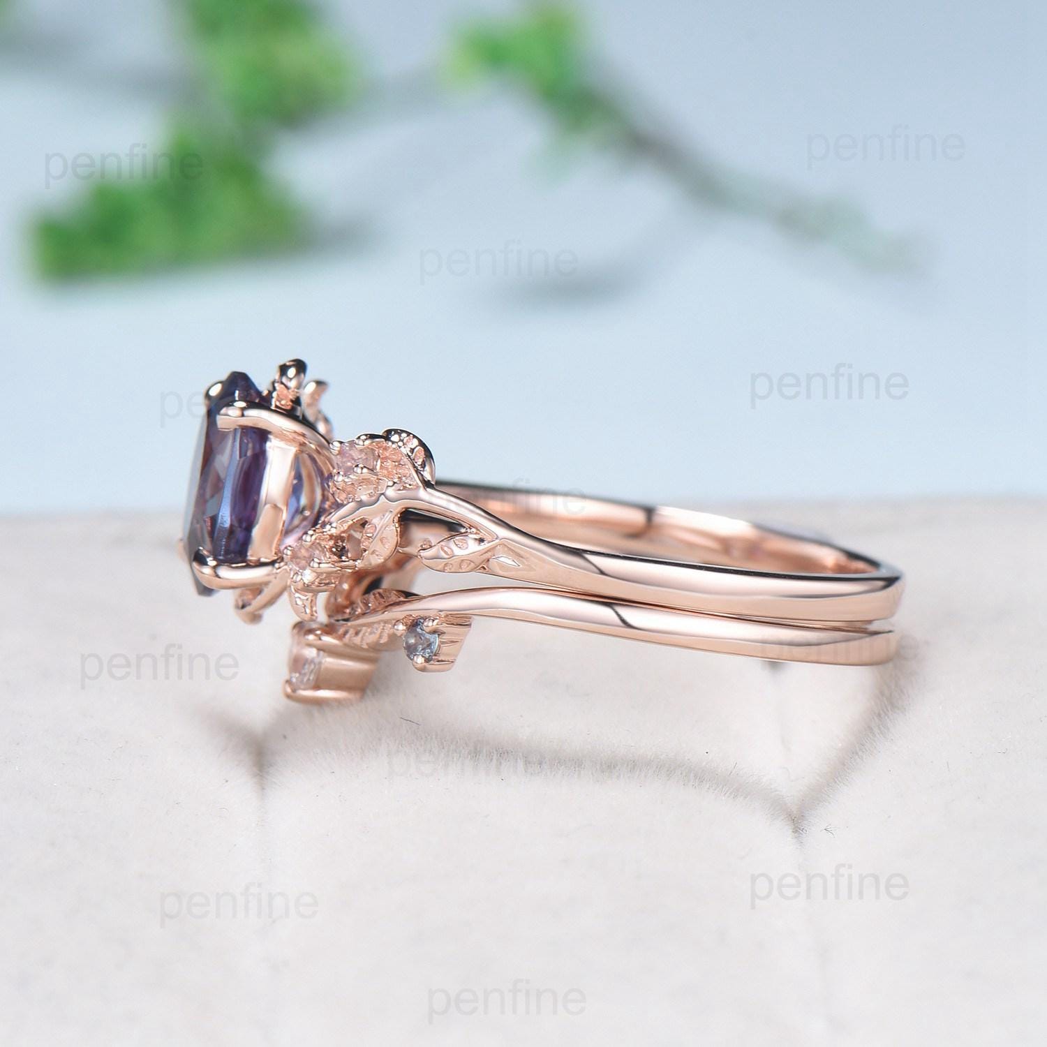 Vintage Alexandrite & Moonstone Wedding Ring Set - June Birthstone Engagement Ring, Natural Inspired Twig Vine Cluster Design, Unique Anniversary Jewelry for Brides, Couples & Special Occasions