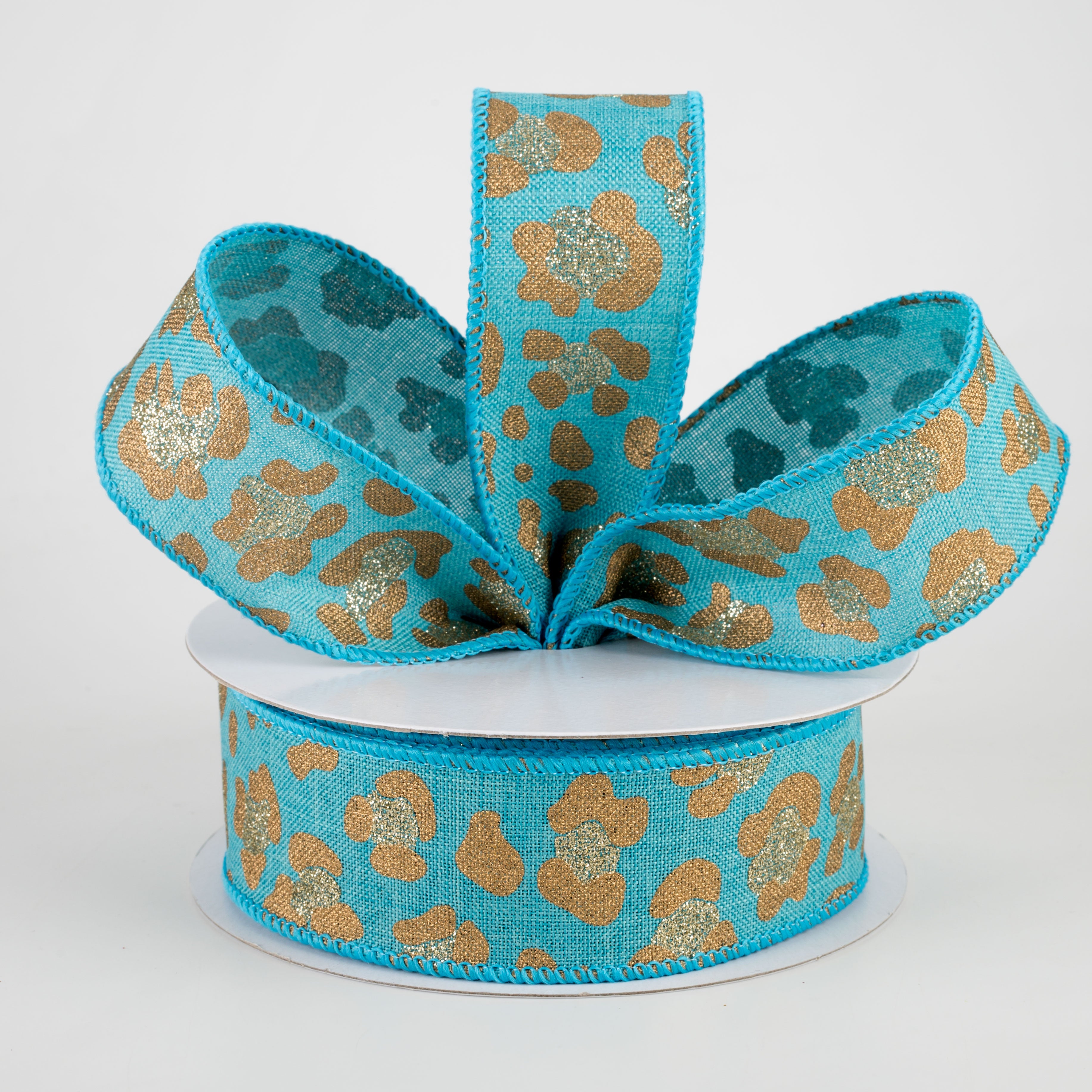1.5 Inch Leopard Print Ribbon - Light Teal, Gold & Light Gold - 10 Yards Bulk Spool for Gift Wrapping, Hair Bows, Crafts & DIY Decorations