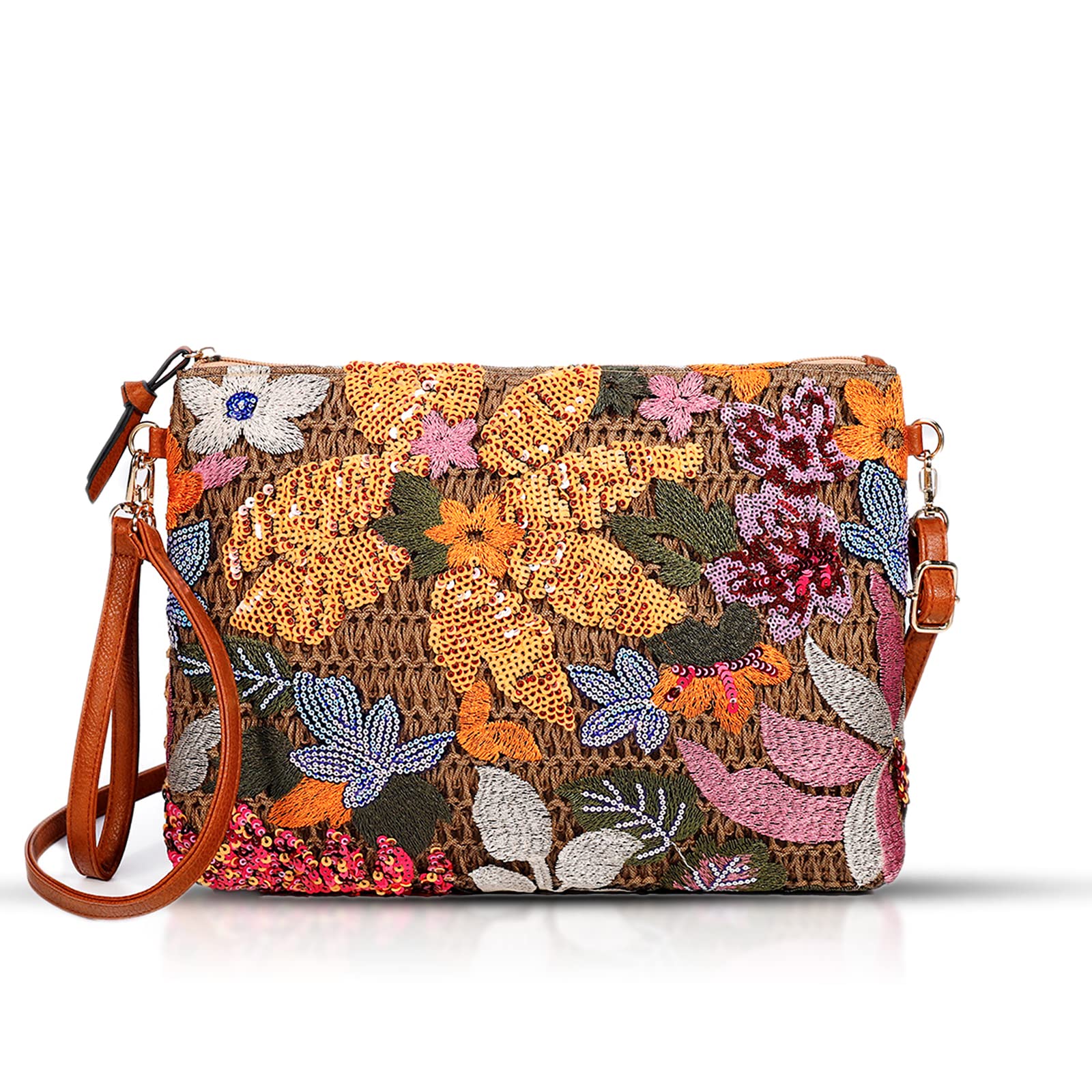Bohemian Sequin Embroidered Straw Clutch Purse for Women - Handmade Floral Envelope Bag for Summer Beach Vacation, Travel & Party Accessories | Perfect for Date Night, Bridal Shower & Outdoor Events