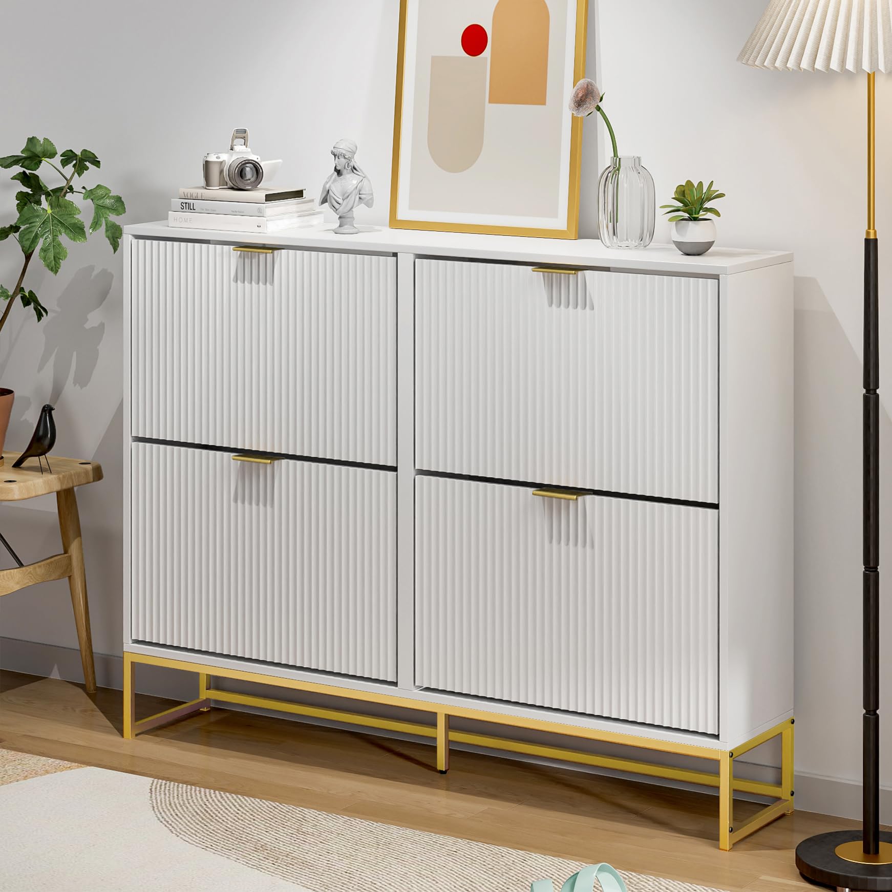 Modern Slim Shoe Cabinet Storage with 4 Flip Drawers - Freestanding Narrow Wooden Shoe Rack Organizer for Entryway & Living Room - Space-Saving Fluted Design (White) - Perfect for Small Apartments, Hallways & Closet Organization
