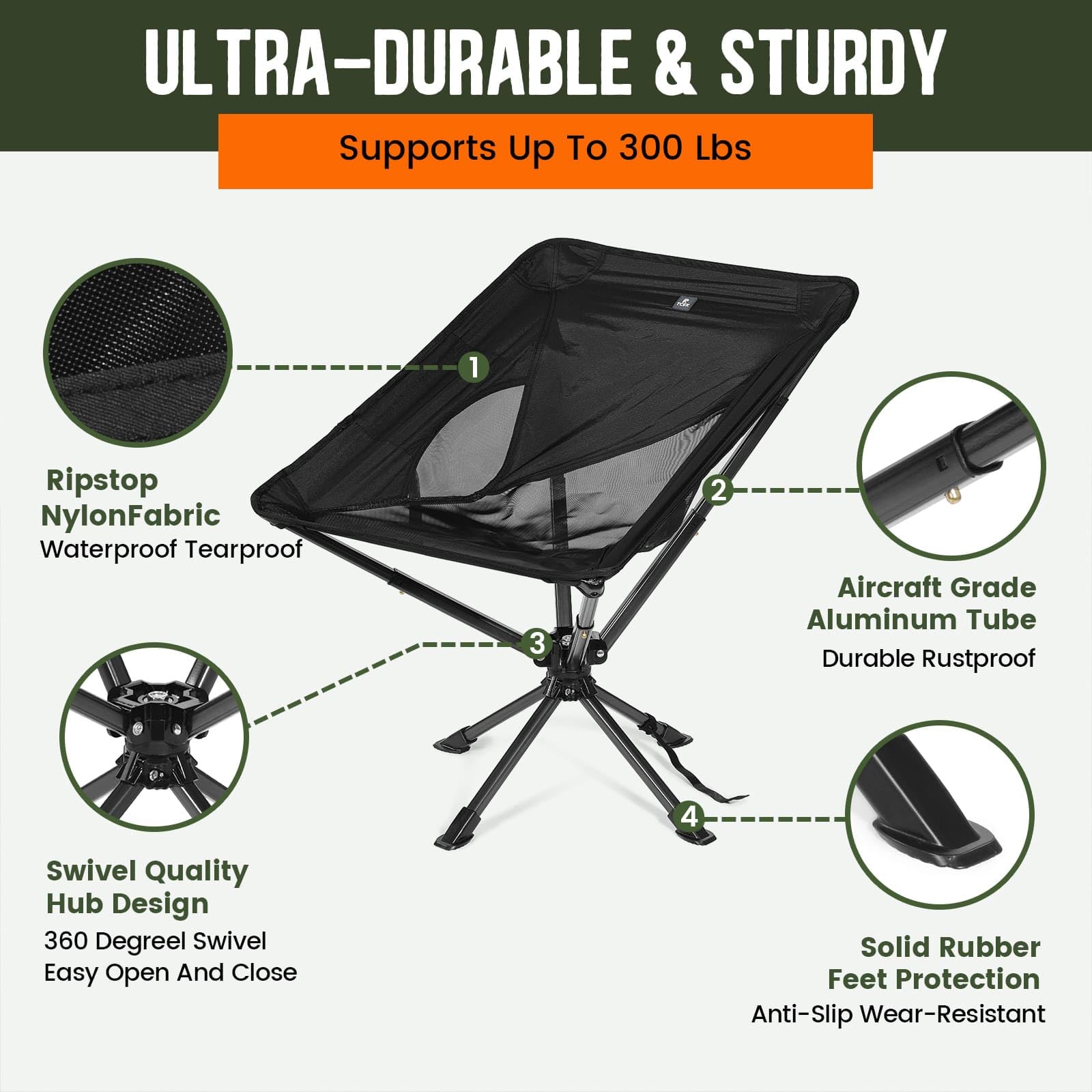 Upgraded Swivel Portable Folding Chair - Compact & Lightweight Collapsible Chair for Adults, Sets Up in 8 Seconds, Supports 300 lbs - Perfect for Camping, Travel, Hiking, Beach, Picnics, Backyard & Outdoor Events