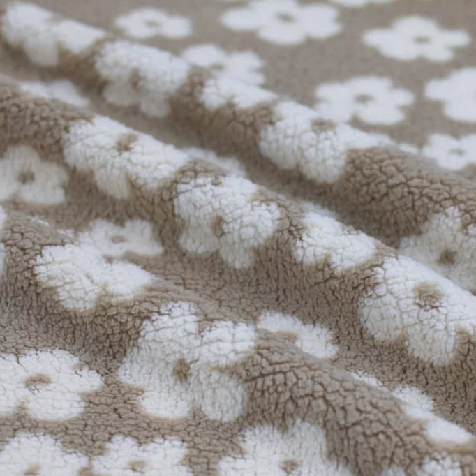 Dark Beige Flower Teddy Sherpa Fleece Blanket - Ultra Soft & Cozy for Bed, Sofa, and Winter Warmth