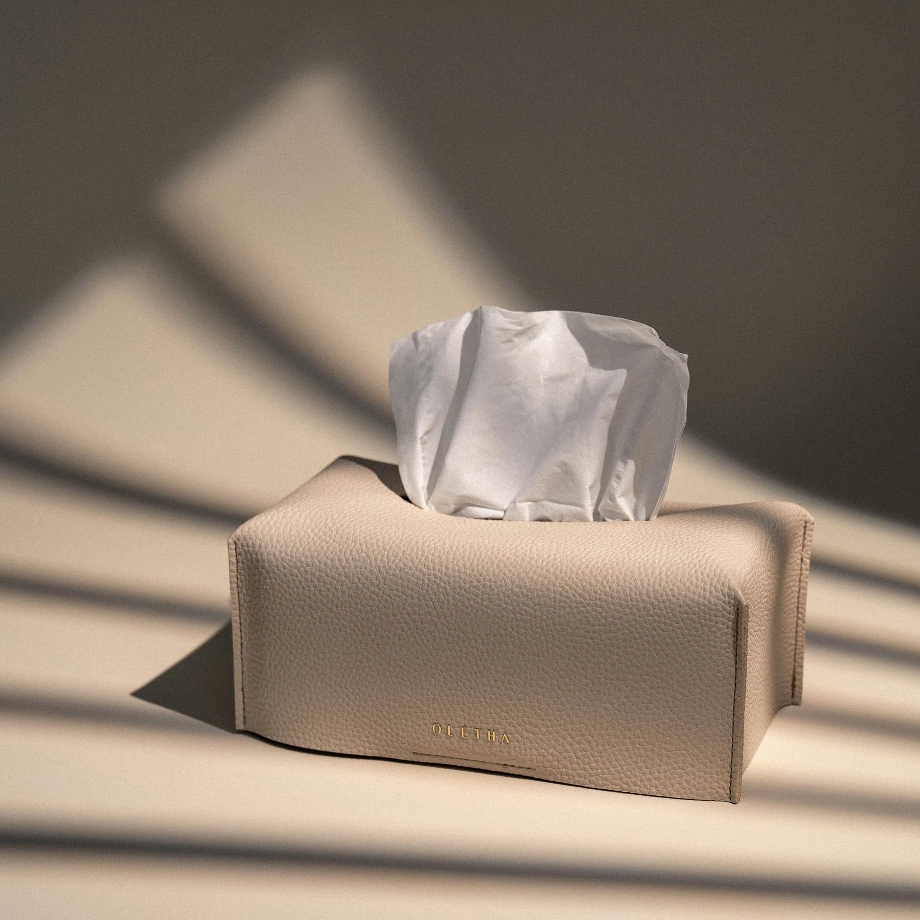 OLETHA Aesthetic Rectangle Tissue Box Cover - Medium Flat Box Tissues Holder in Light Taupe | Stylish Home Decor for Living Room, Bedroom & Bathroom