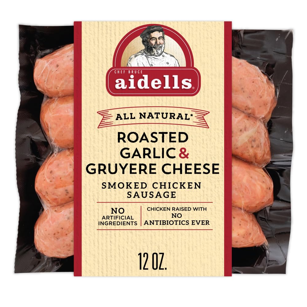 Aidells Smoked Chicken Sausage with Roasted Garlic & Gruyere Cheese - 12 Oz (4 Fully Cooked Links) | Premium Gourmet Sausage for Grilling, Breakfast, Sandwiches & Charcuterie Boards