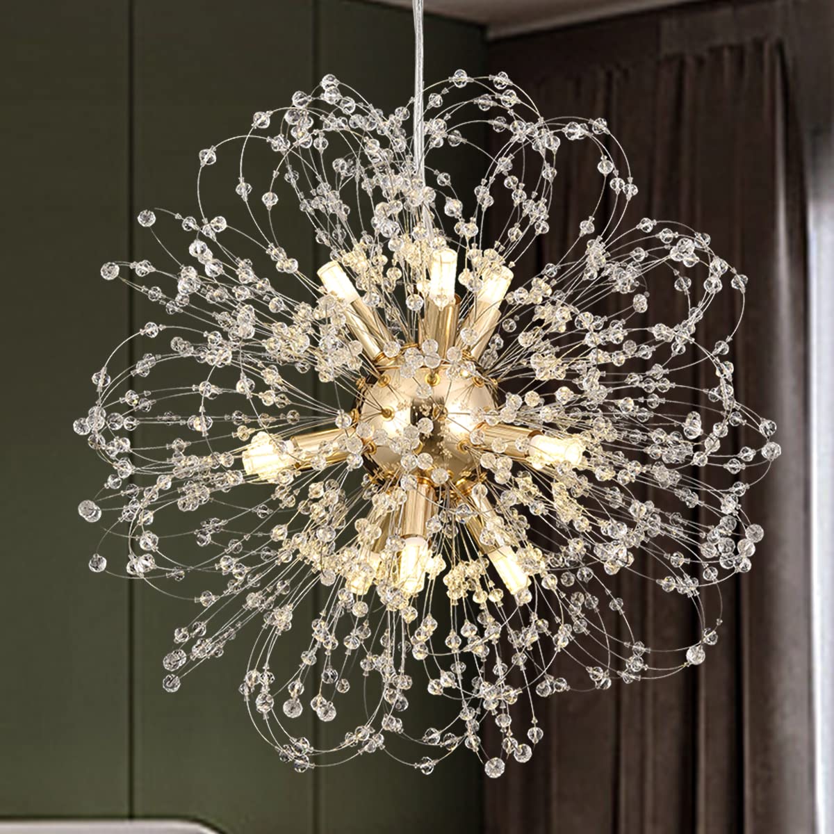 Modern Gold Sputnik Chandelier - 9-Light Dandelion Crystal Beaded Pendant Lighting Fixture for Dining Room, Bedroom, Living Room & Farmhouse Kitchen Island - Elegant Ceiling Lamp for Home Decor, Wedding & Restaurant Lighting