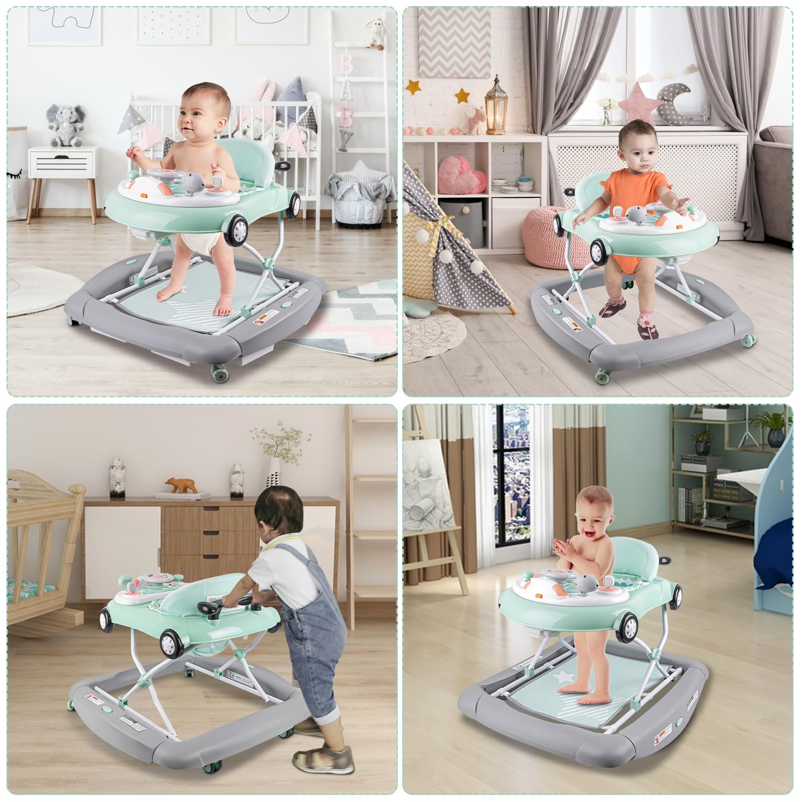 Best 5-in-1 Baby Walker with Wheels - Adjustable Height & Speed Control, Musical Activity Center for Infants 7-18 Months (Green) - Perfect for Learning to Walk, Playtime & Indoor Exploration