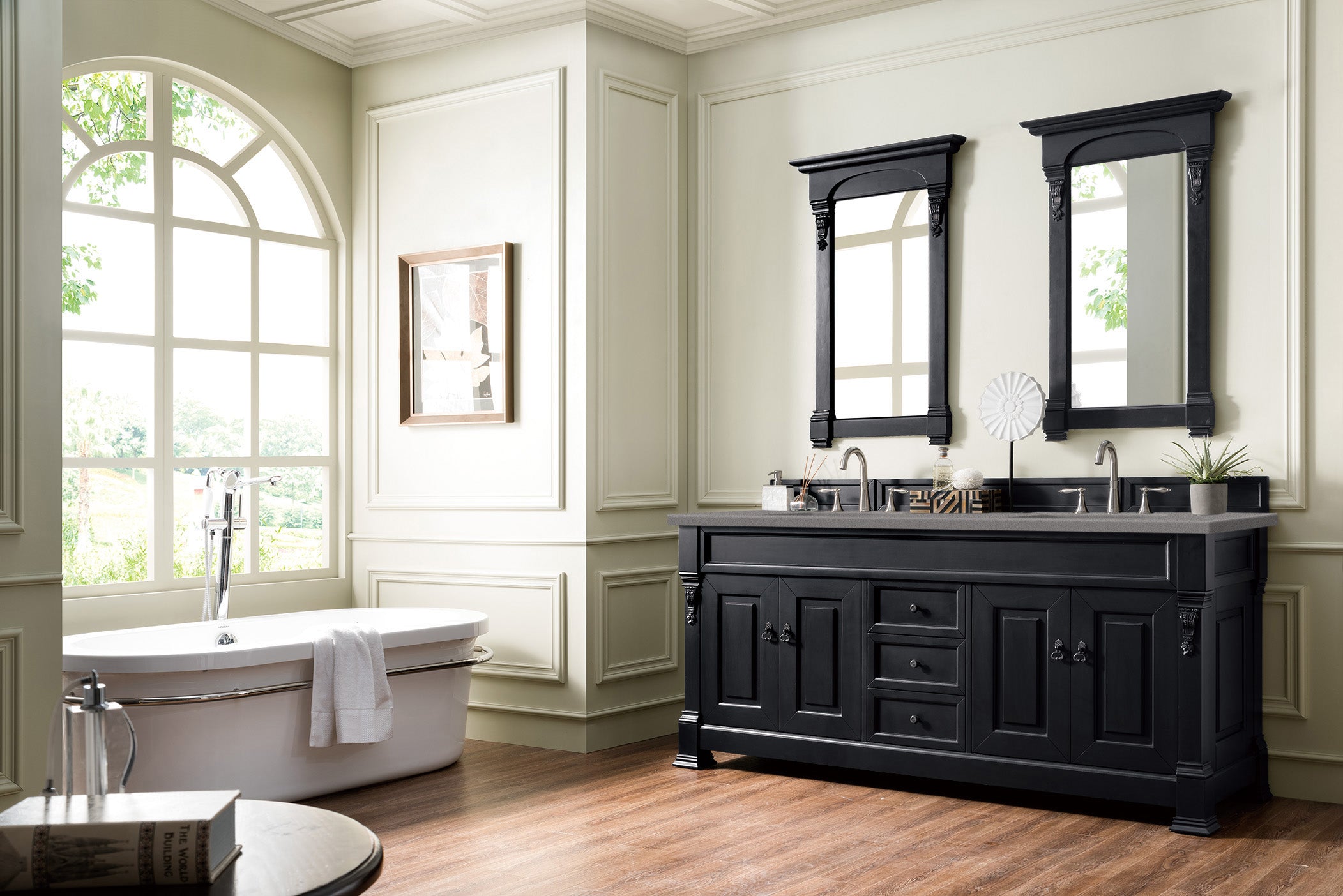 Brookfield 72 Inch Double Bathroom Vanity with Antique Black Finish & 3CM Grey Expo Quartz Top - Perfect for Master Bathroom or Guest Bath Renovation
