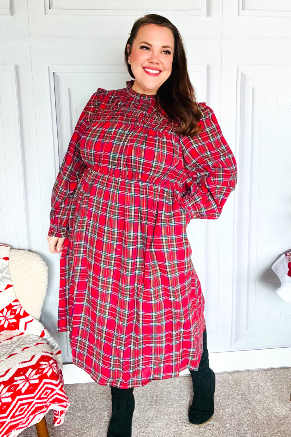 Hunter Red Plaid Check Woven Pocketed Dress for Women | Casual & Party Wear | Perfect for Fall, Winter & Holiday Outfits