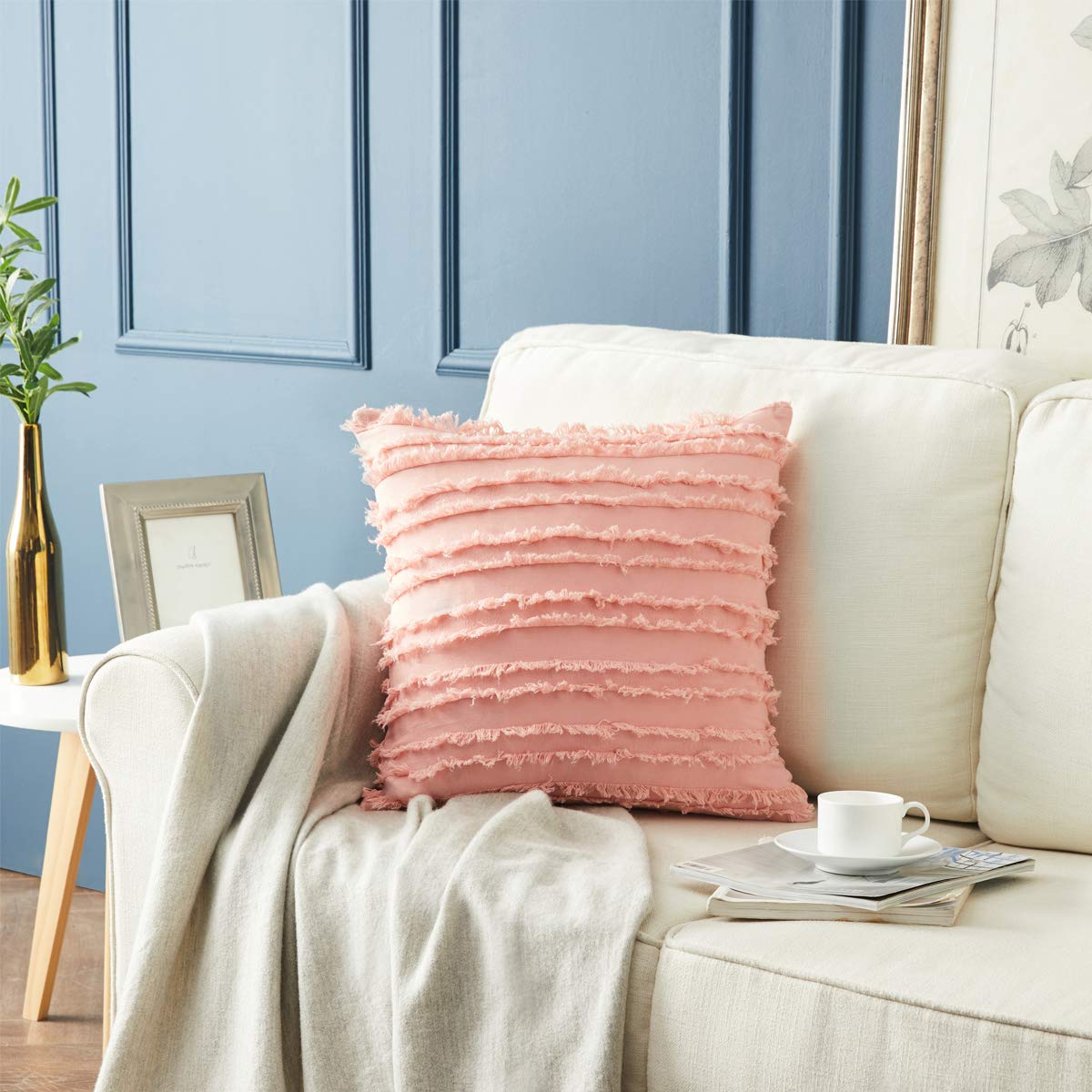 GIGIZAZA 16x16 Decorative Throw Pillow Covers - Blush Pink Square Cotton Couch Pillow Covers for Sofa, Boho Style Home Decor | Perfect for Living Room, Bedroom & Nursery