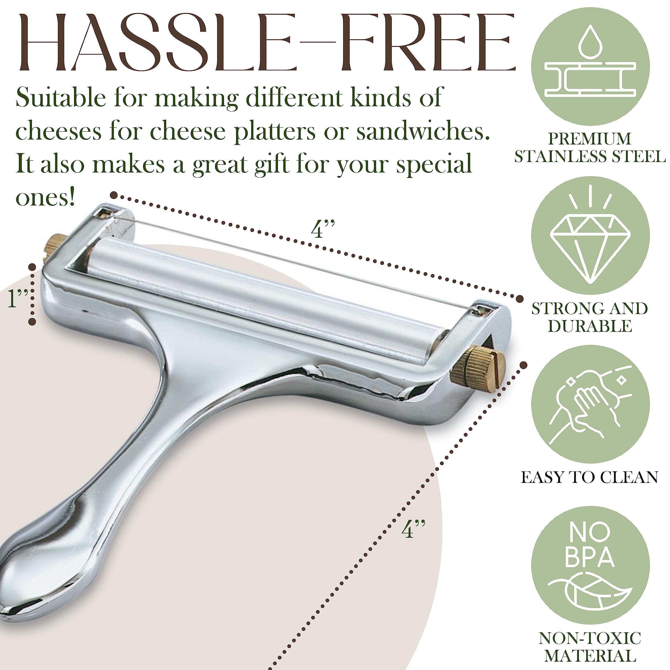 Bellemain Stainless Steel Adjustable Cheese Slicer - Handheld Cheese Cutter for Cheddar, Gruyere, Mozzarella - Cheese Shaver & Curler for Thin or Thick Slices (Silver) - Perfect for Charcuterie Boards, Wine Pairings & Home Cooking