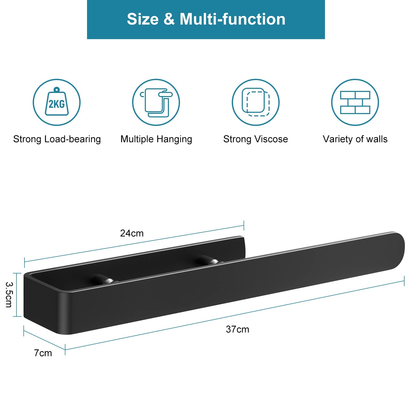Black Wall Mounted Towel Rail - 37cm No Drill No Screw Self Adhesive Bathroom Towel Holder | Perfect for Small Bathrooms, Apartments & RVs