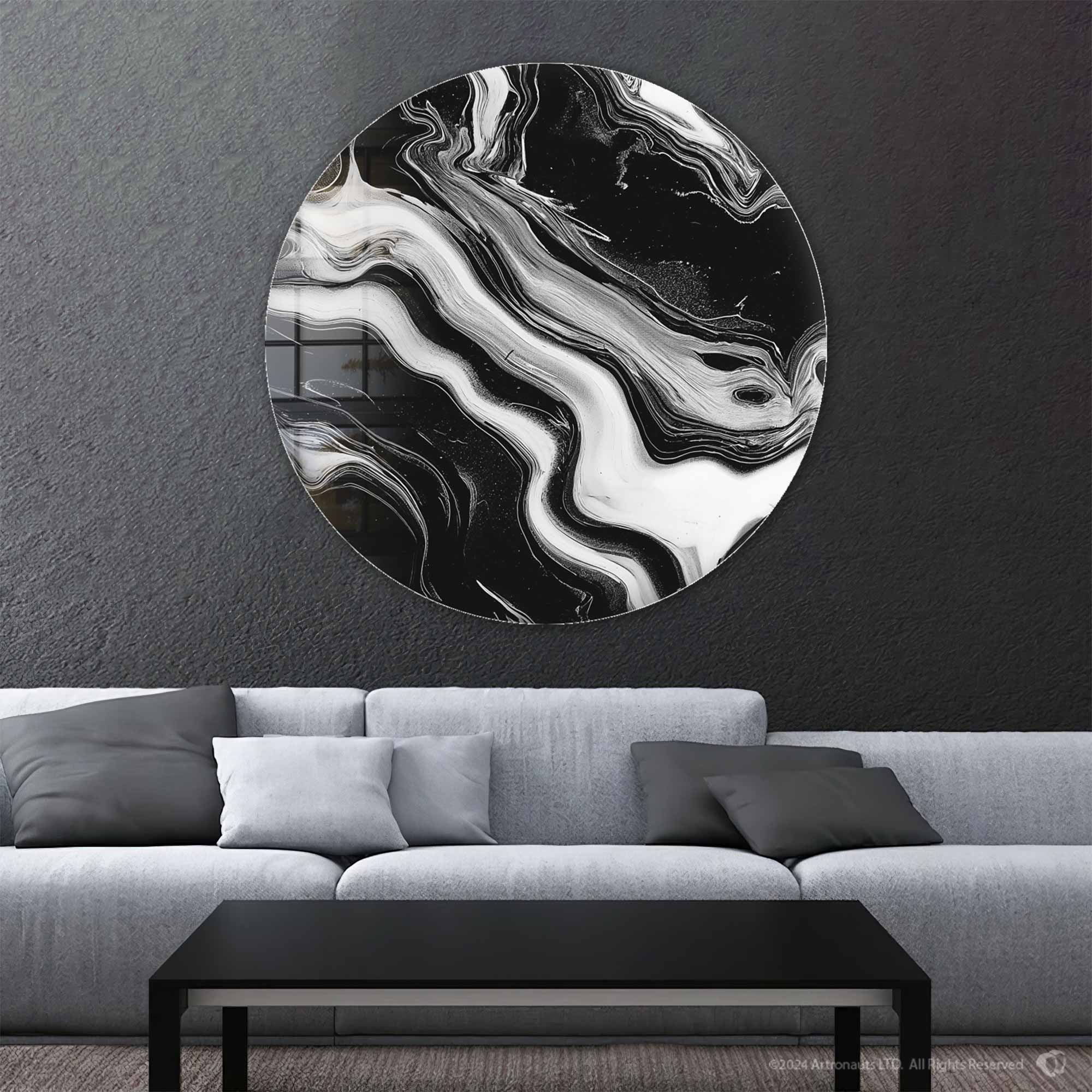 Stylish Noir Waves Rounded Glass Wall Art - Modern Home Decor for Living Room, Bedroom & Office