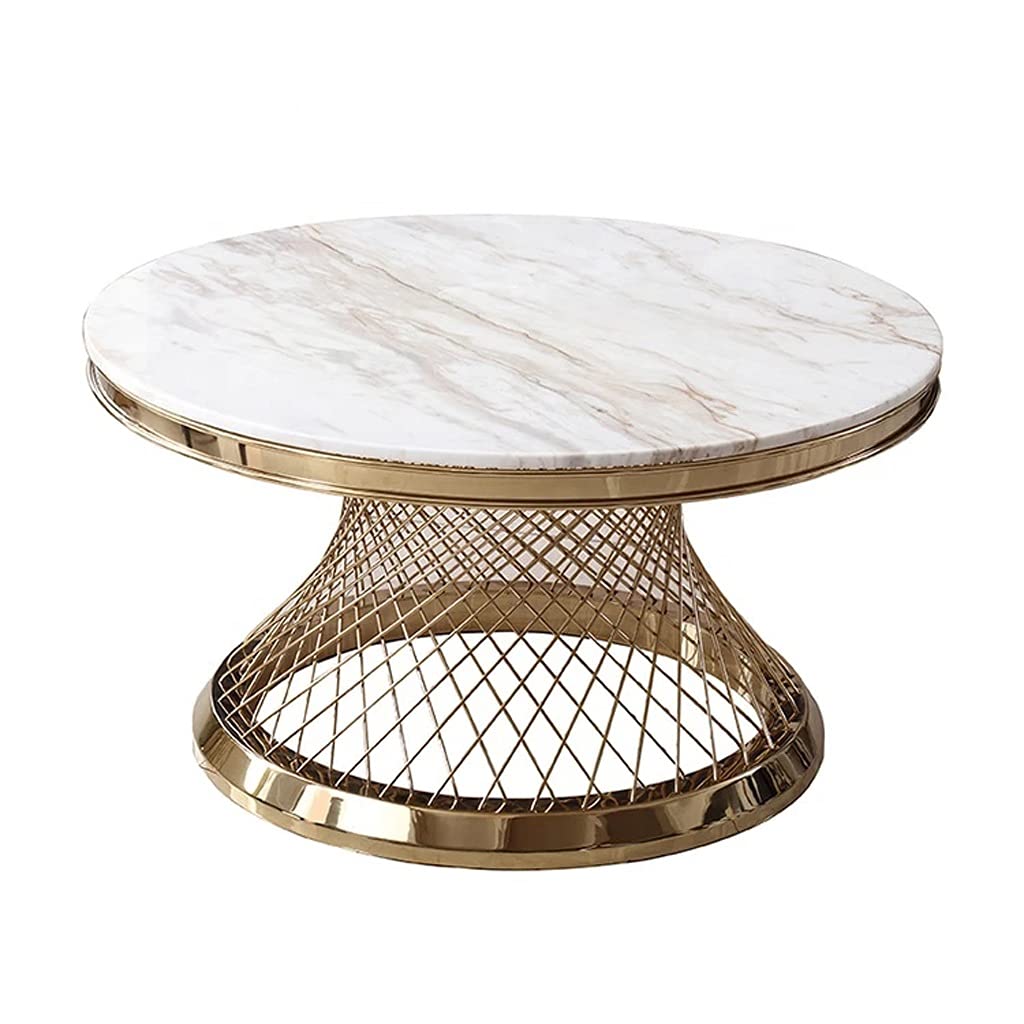XOUVY Modern White Marble Coffee Table with Stainless Steel Base - Round Living Room Center Table for Small Spaces, Home Decor, and Entertaining