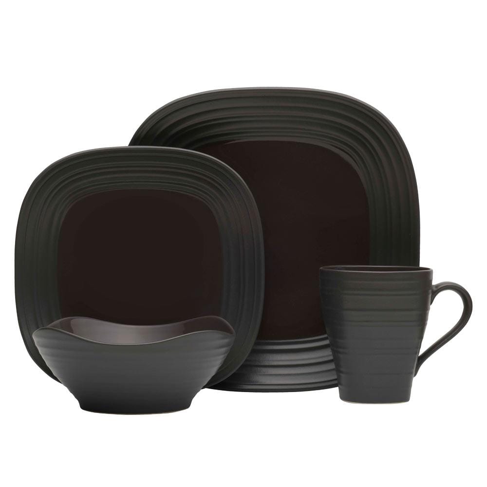 Premium 16-Piece Swirl Graphite Square Dinnerware Set - Service for 4 | Modern Stoneware Plates, Bowls & Mugs | Perfect for Everyday Dining, Dinner Parties & Gift Giving