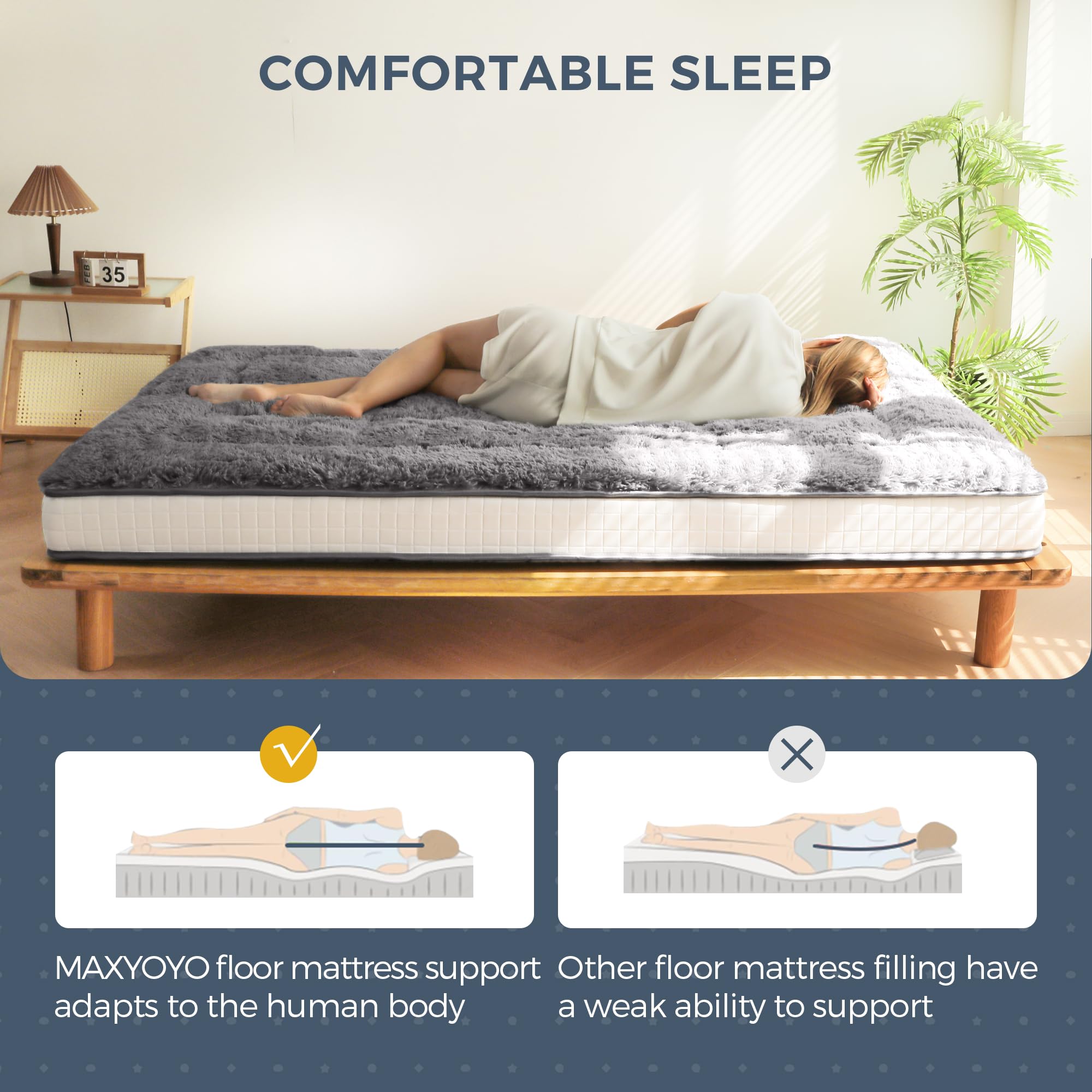 MAXYOYO 6 Inch Extra Thick Fluffy Floor Futon Mattress - Queen Size Plush Japanese Style Bed for Adults, Super Soft Portable Guest Mattress for RV, Home & Travel - Dark Grey | Perfect for Small Spaces, Sleepovers & Camping