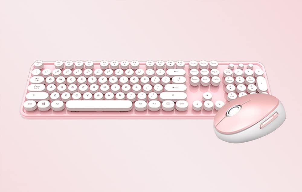 MOFII Wireless Keyboard and Mouse Combo - 2.4Ghz Ergonomic Bluetooth Keyboard with Silent Click Mouse for PC, Laptop, Mac - Sweet White & Pink Color for Home Office, Gaming, and Work
