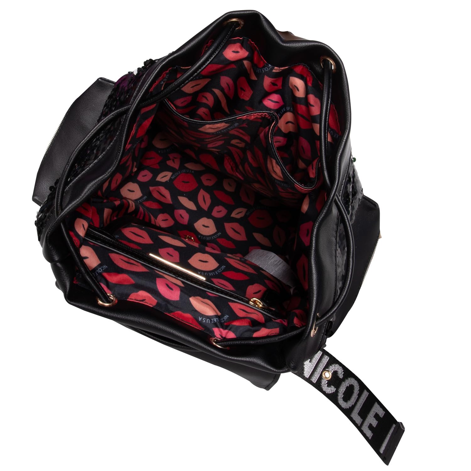 Nicole Lee Sequin Patch Backpack for Women - Medium Size with Drawstring Closure, Multiple Pockets & Adjustable Shoulder Straps - Black | Perfect for School, Travel, Work & Everyday Use