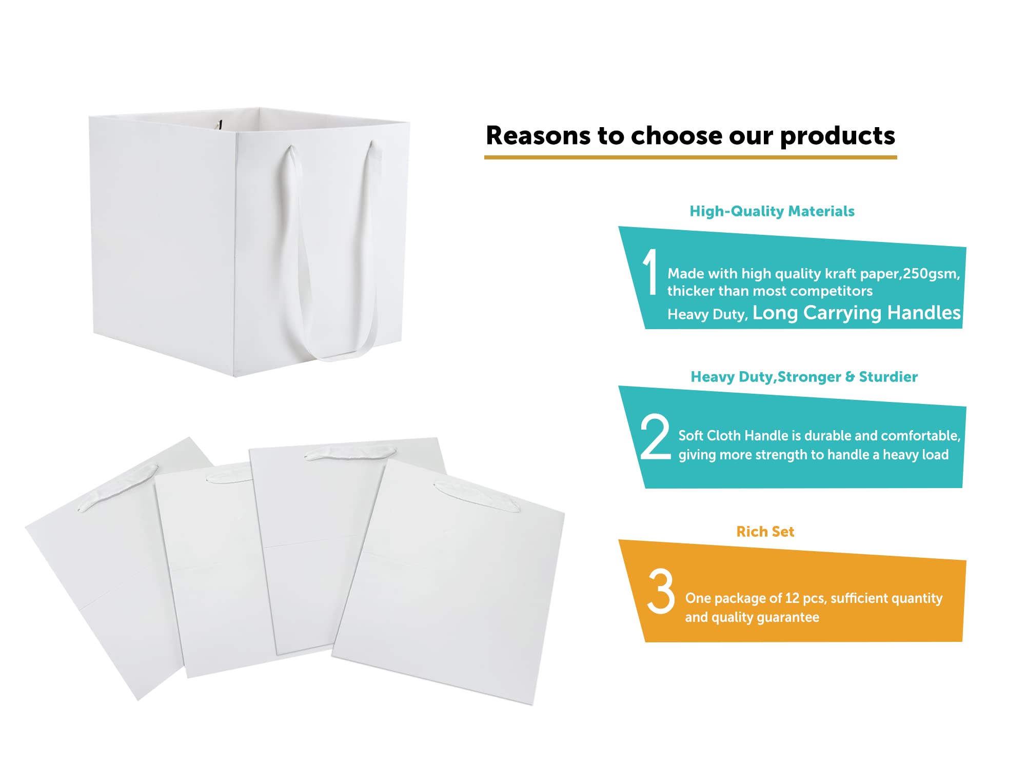 HUAPRINT 12 Pack White Paper Gift Bags with Handles, 8x8x8 Inch Square Kraft Shopping Bags for Party, Birthday, Retail, Merchandise & Take-Out - Perfect for Favor Bags, Goody Bags & Bulk Packaging