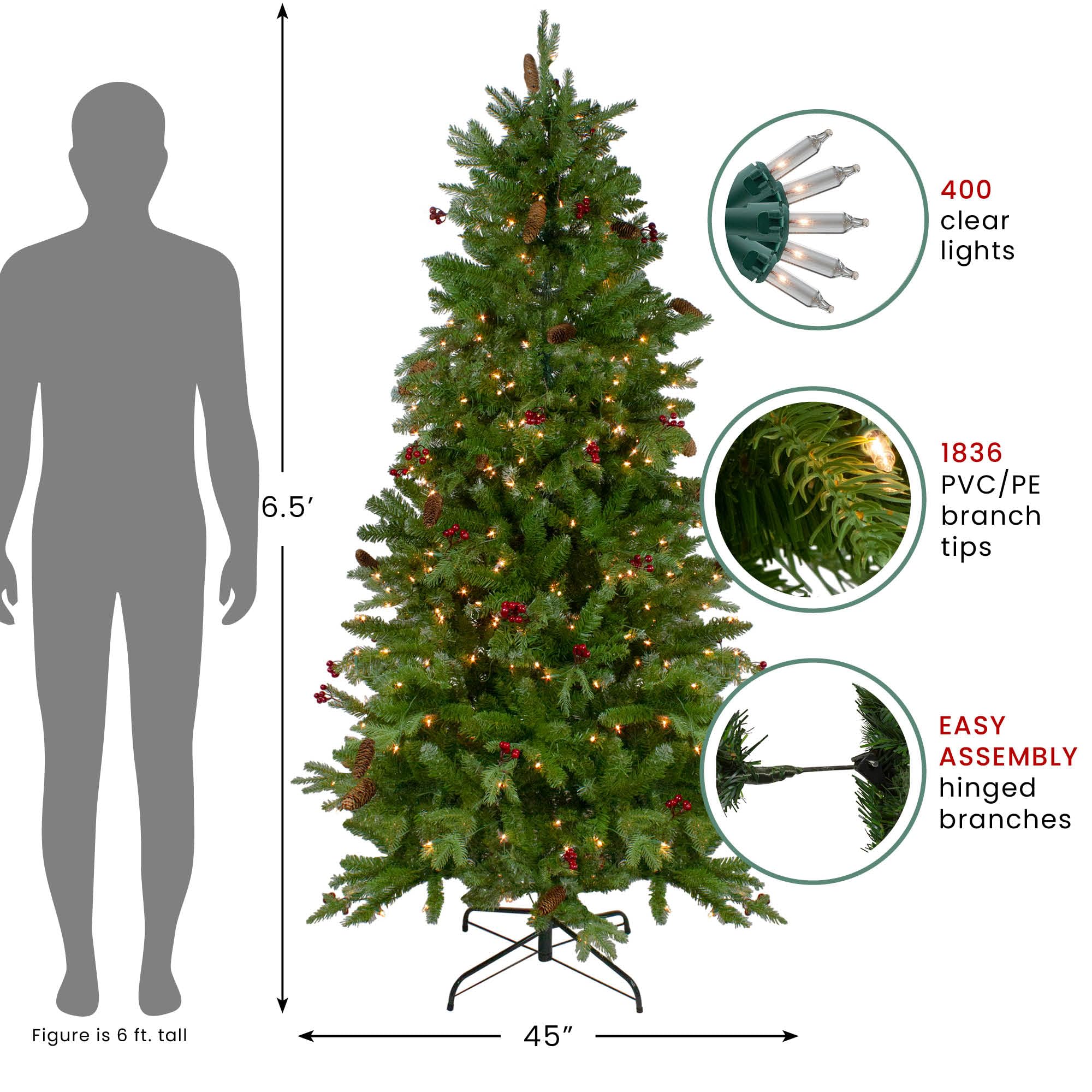 6.5ft Pre-Lit Artificial Christmas Tree with Mixed Winter Berries and Clear Lights - Perfect for Living Room, Office, and Holiday Decorations
