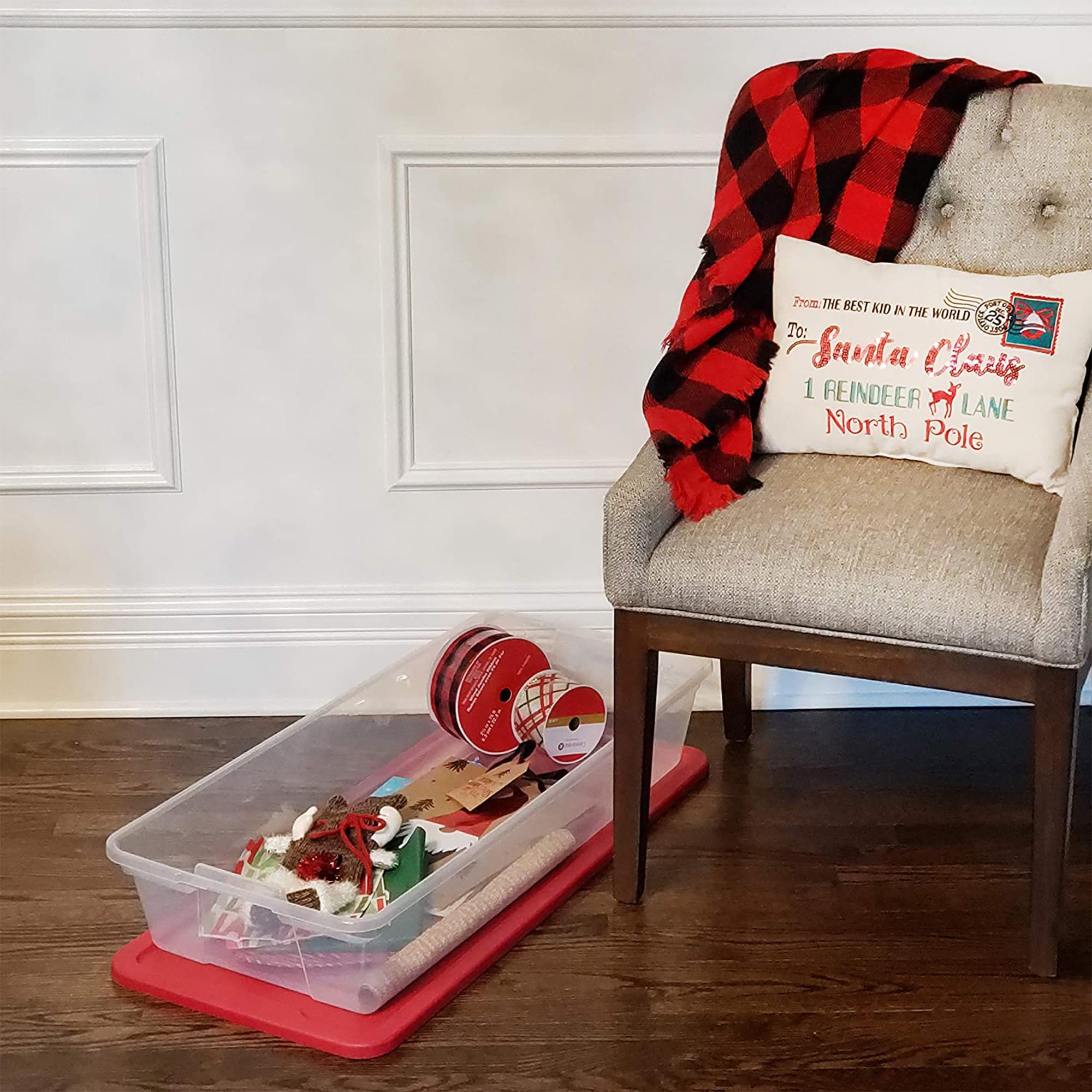 HOMZ 4-Pack 41 Quart Clear Plastic Storage Bins with Red Lids - Seasonal Holiday Organizer for Decorations, Clothes & Home Organization - Perfect for Christmas, Halloween & Attic Storage