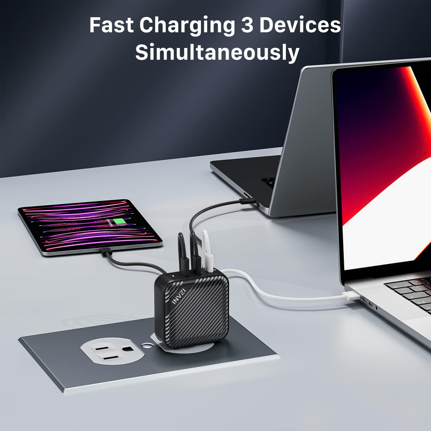 INVZI GaNHub 140W USB C Fast Charger, PD 3.1 GaN Wall Charger 3-Port Foldable Power Adapter for MacBook Pro 16