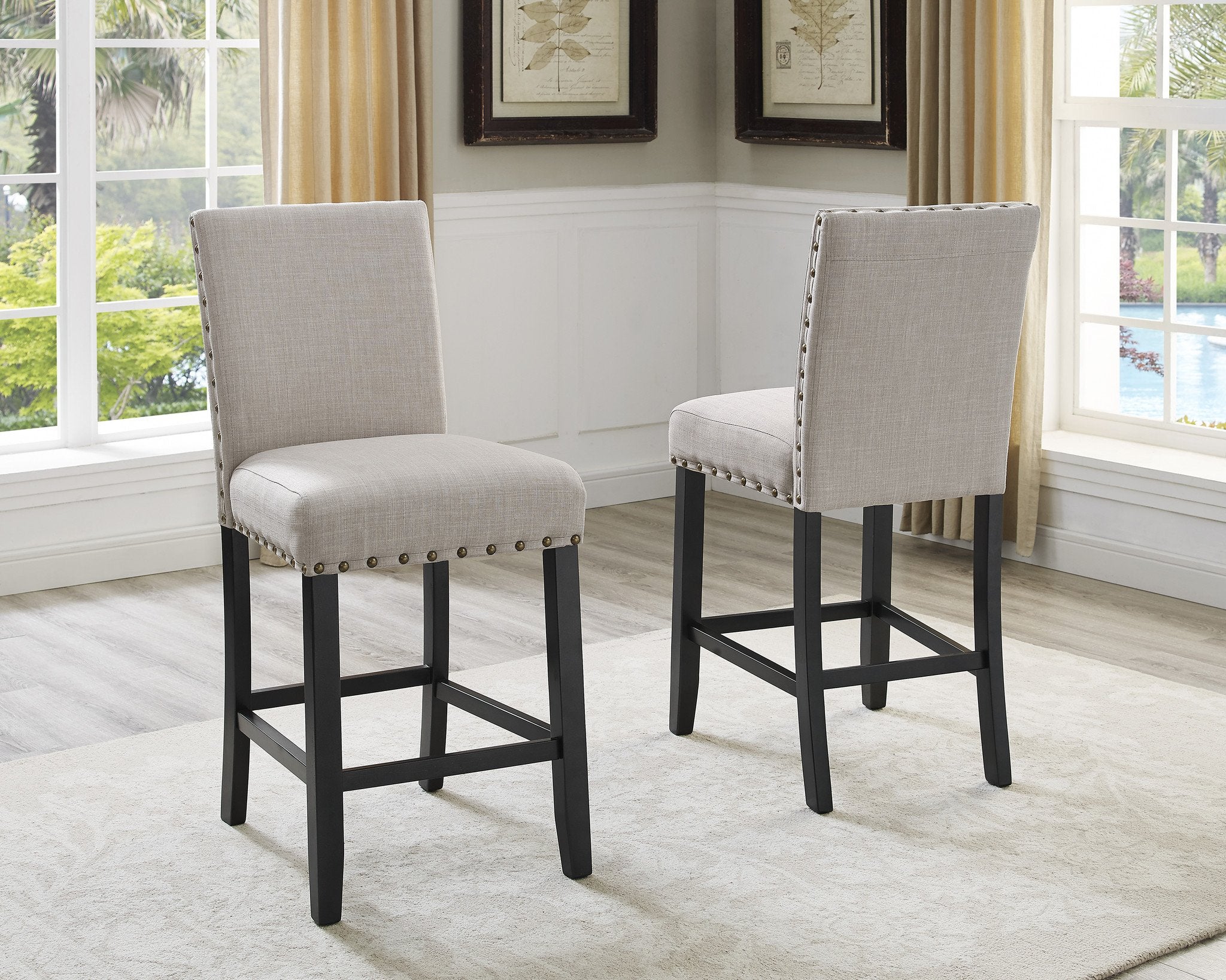 Roundhill Furniture Biony Fabric Counter Height Bar Stools with Nailhead Trim, Set of 2, Tan - Perfect for Kitchen Islands, Breakfast Bars & Home Decor