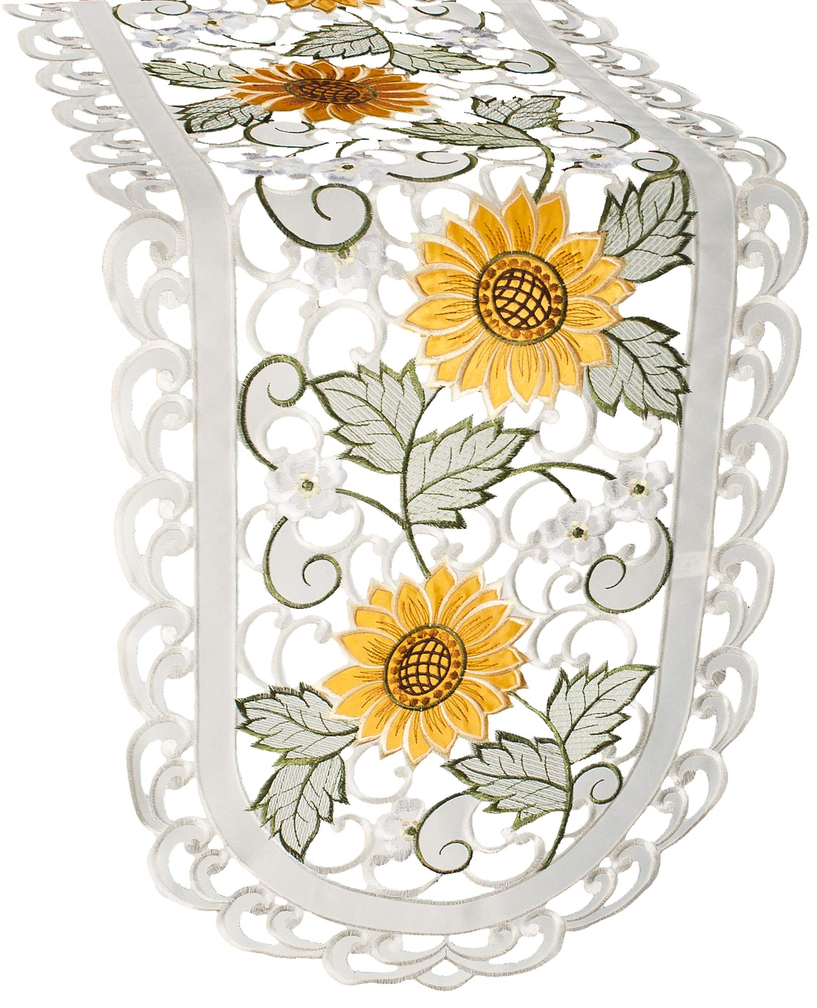Embroidered Open Weave Sunflower & White Daisy Ivory Table Runner (16x54 inches) - Elegant Dresser Scarf for Dining Table Decor, Wedding Centerpiece & Farmhouse Style Home Decor