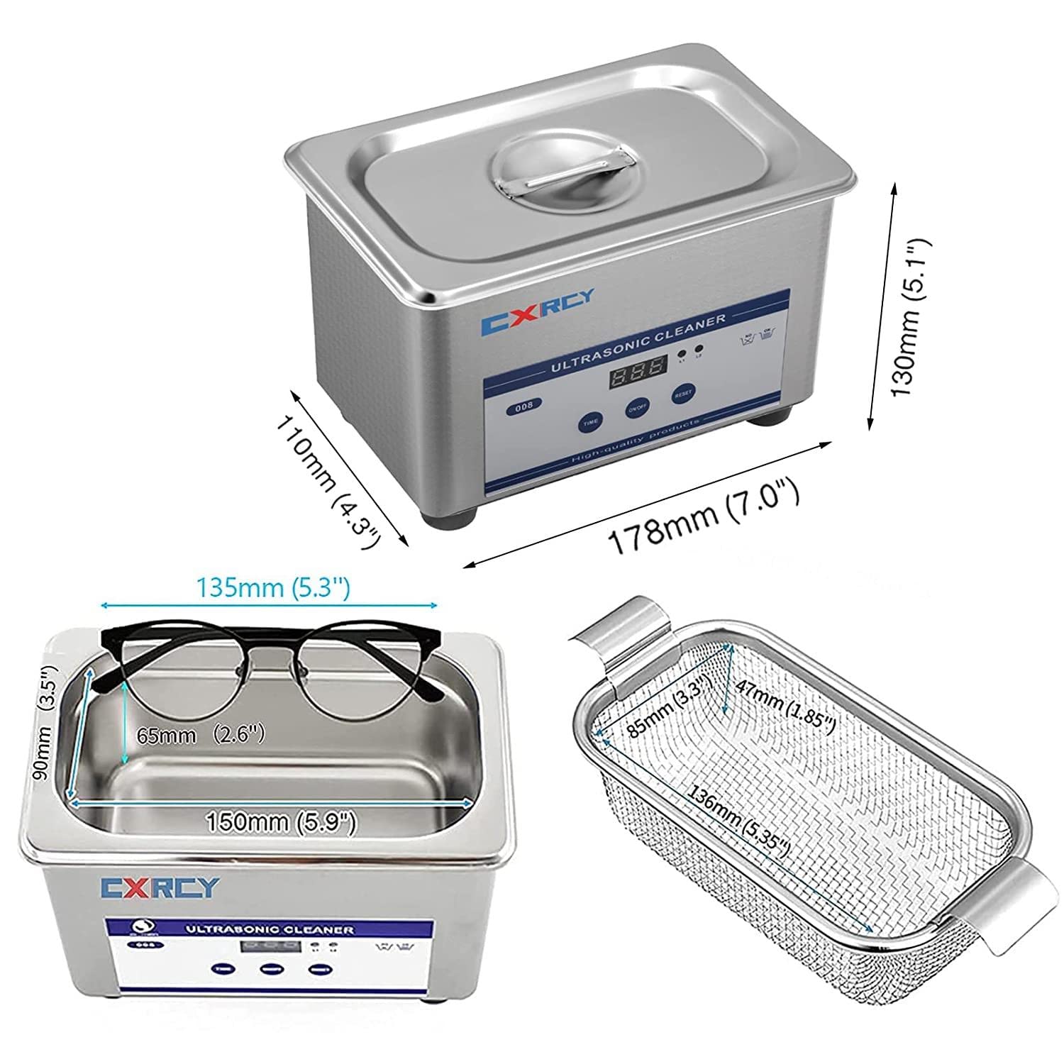 CXRCY 0.8L Professional Ultrasonic Jewelry Cleaner Machine - for Jewelry, Eyeglasses, Rings, Watches, Dental Instruments & Small Parts | Perfect for Home, Jewelry Stores & Dental Offices Cleaning
