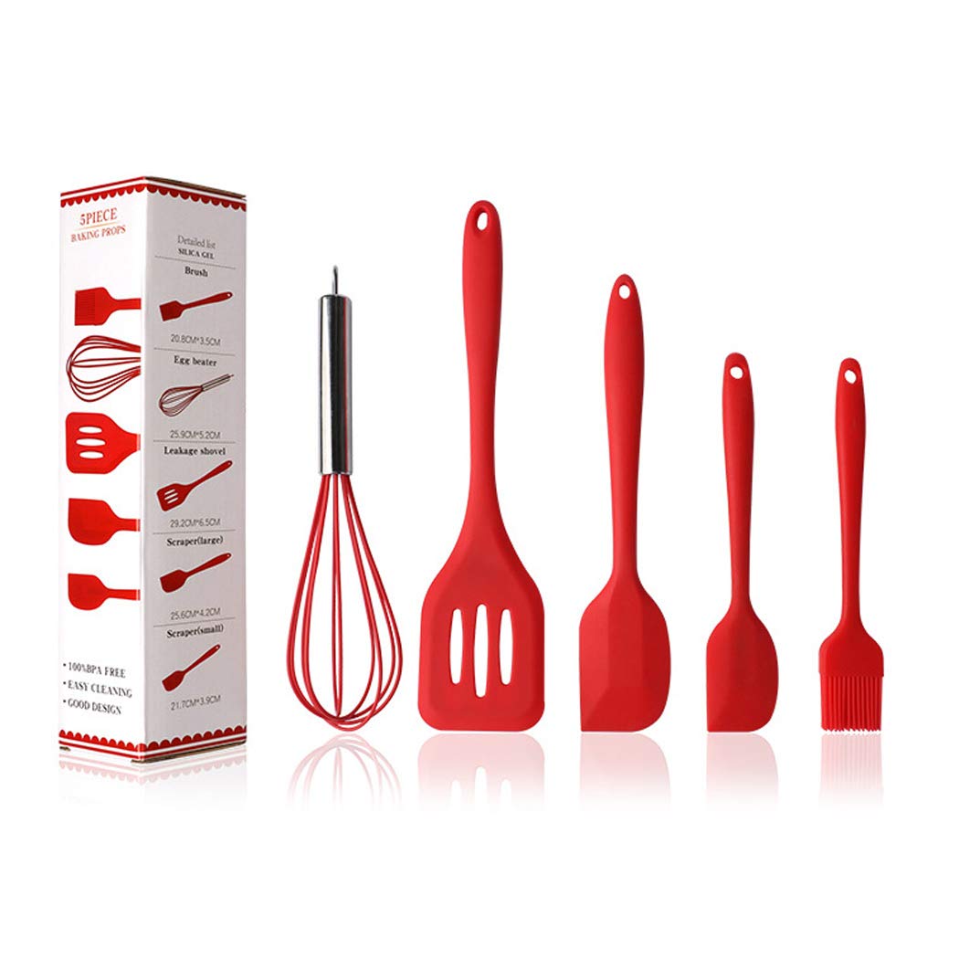 5-Piece Silicone Kitchen Utensil Set - Nonstick Cooking Spatulas, Brush & Tools for Baking, Frying & Sauteing - Heat Resistant Red Kitchen Gadgets for Home Chefs
