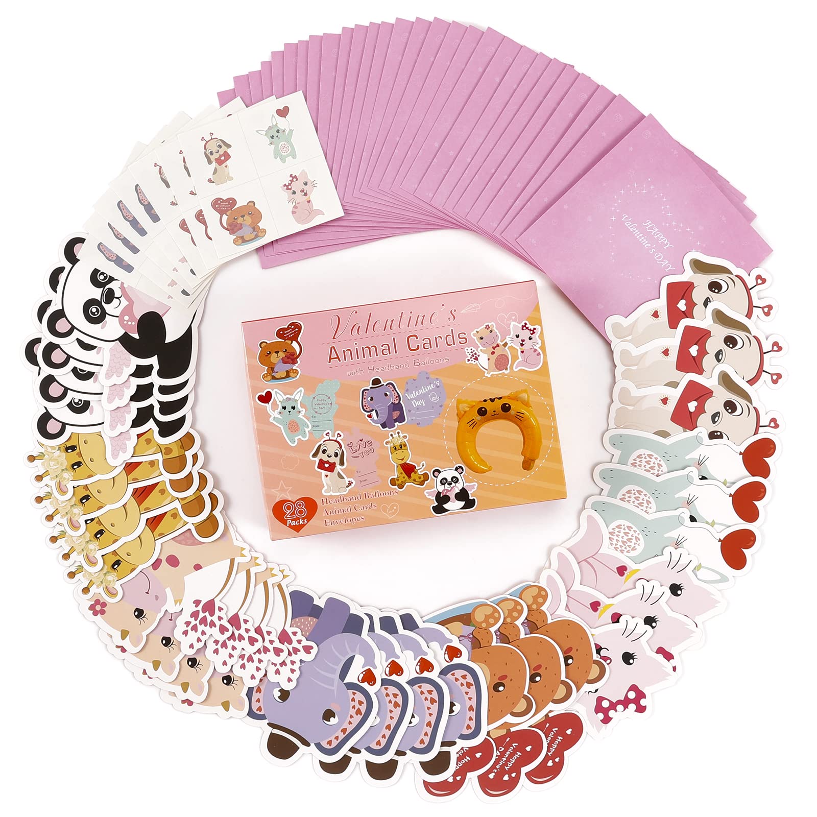 Valentine's Day Cards for Kids - 28 Animal Greeting Cards with Inflatable Headbands, Gift Envelopes & Tattoos | Classroom Exchange Cards for Boys & Girls | Perfect for School Valentine's Parties & Gift Exchanges