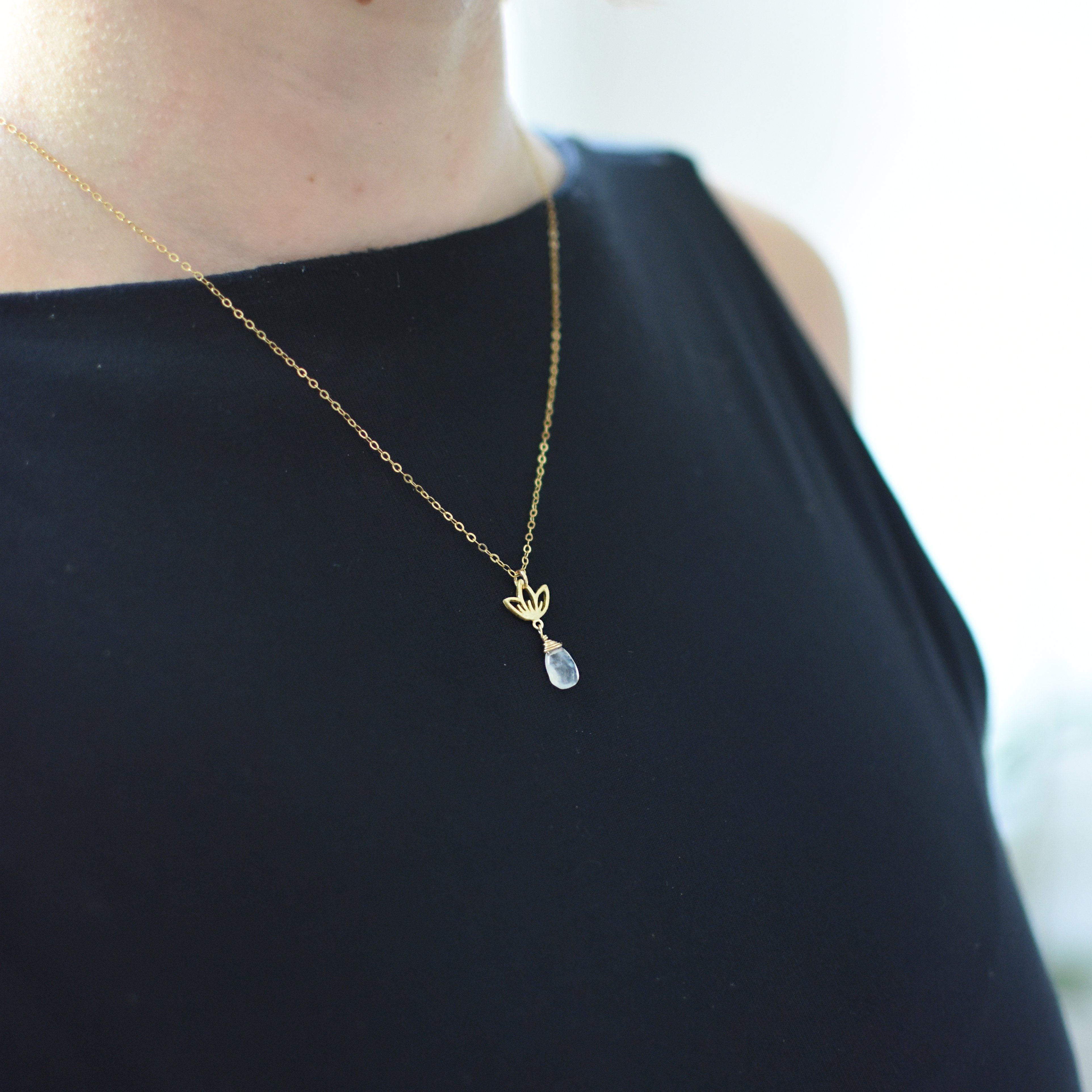 Rainbow Moonstone Necklace with Drop Lotus Charm - 14K Gold Filled Jewelry for Women, Elegant Boho Pendant Necklace for Everyday Wear & Special Occasions